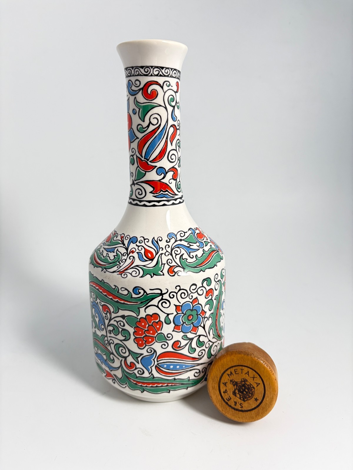 Keramikos Metaxa Greek EMPTY Handmade Porcelain Bottle Wooden Cork Stopper