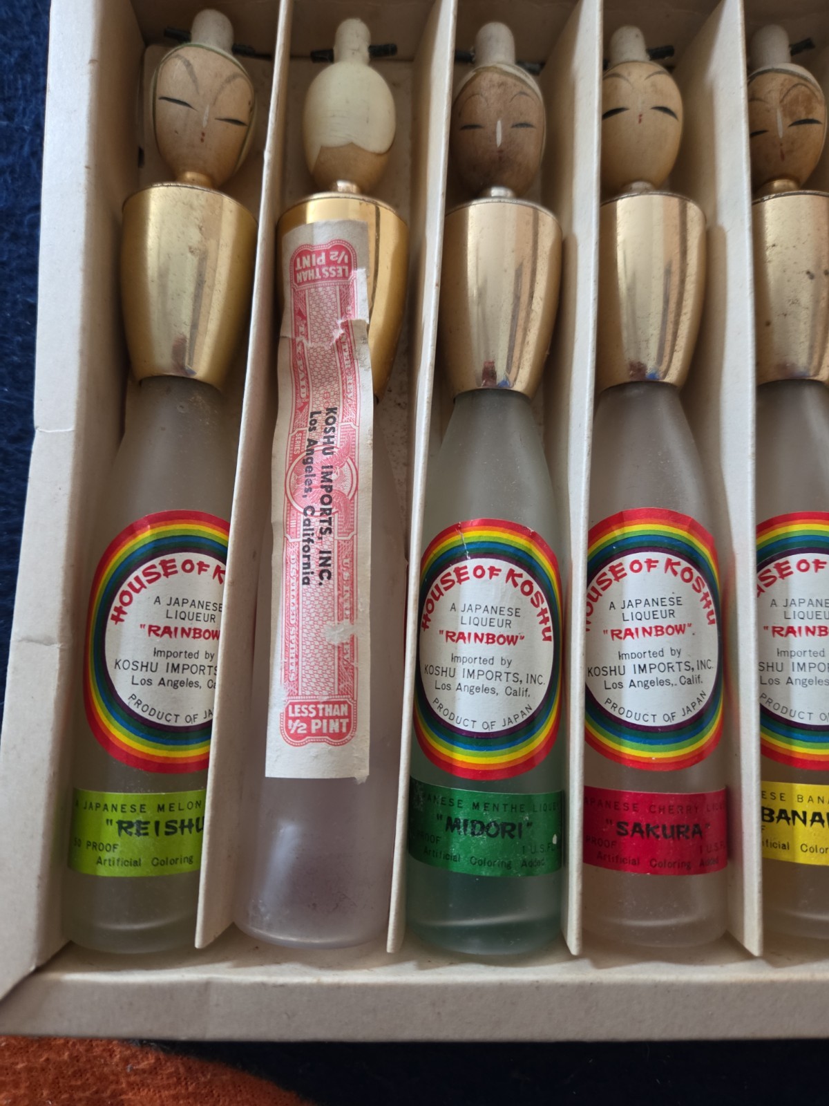 Vintage House of Koshu Liquor Mini Bottle Set, 7 Multi-Color Collectibles, 1 oz