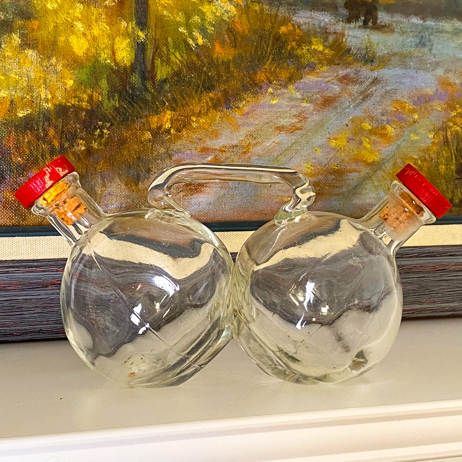 Vintage BOLS Double Liquor Flask Clear Glass Bottle Alcohol Decanter + Corks