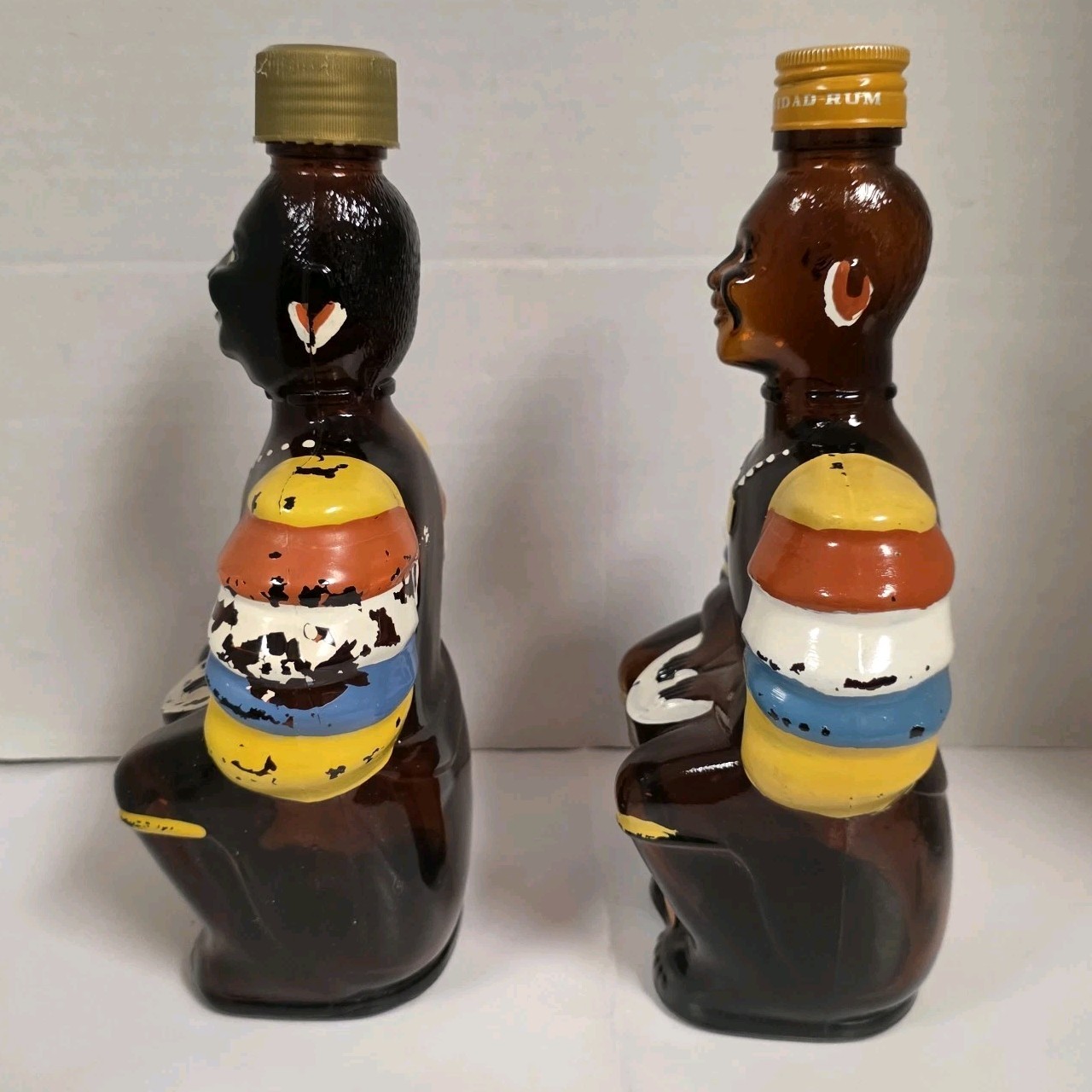 Vintage Pair Old Oak Rum Limbo Drummer Empty Bottles Angostura Trinidad c. 1970s