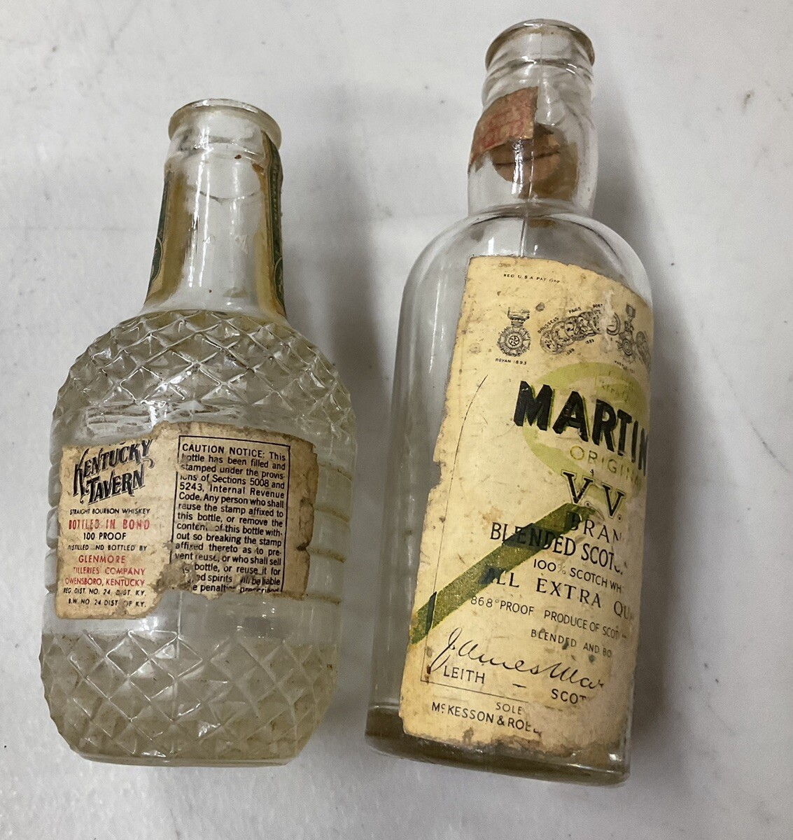 Vintage Kentucky Tavern & Martin’s Scotch Mini Bottles Less Than 1/2 Pint Used