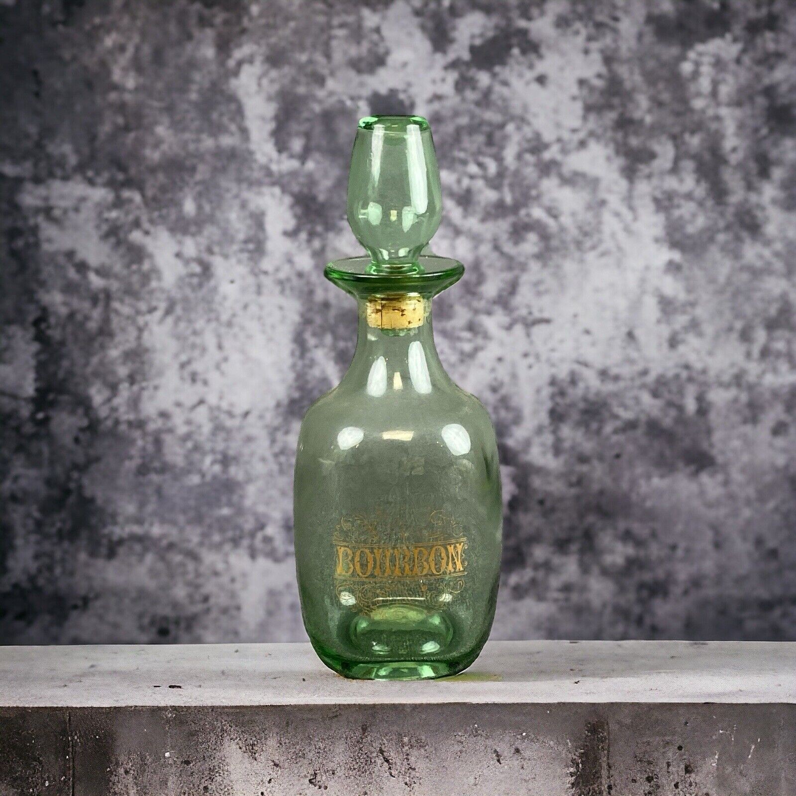 Vintage Glass Bourbon Whiskey Green Glass Decanter Bottle 11″ tall Barware