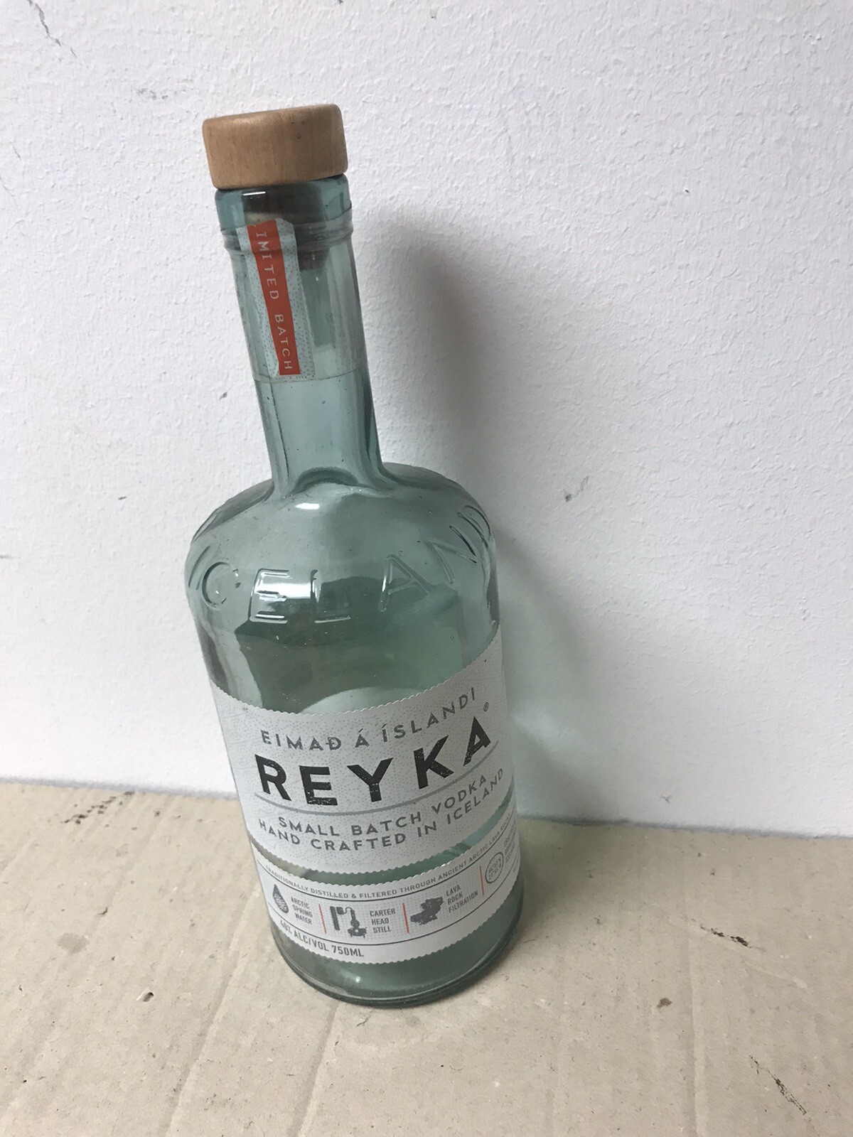 Reyka Small Batch Vodka Empty Bottle & Original Cork Iceland Craft 750 ml