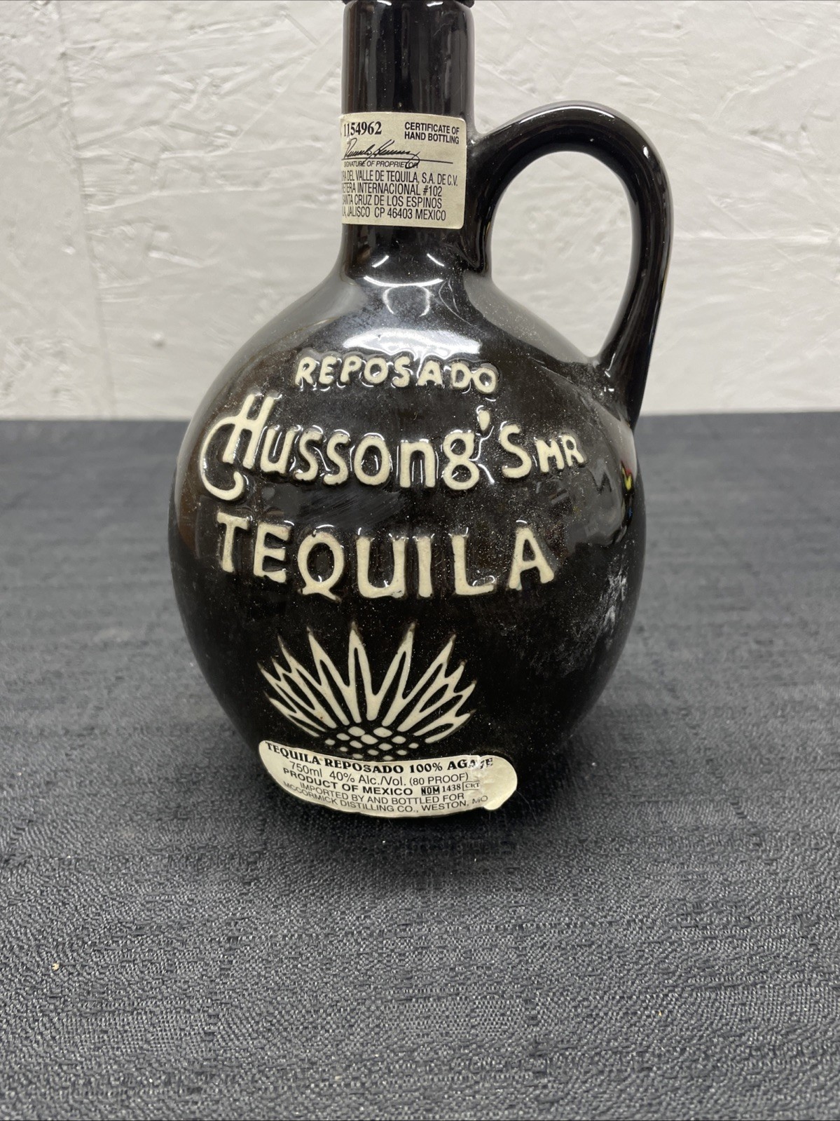 Hussong’s Tequila Bottle 100% Agave Jug Black/Brown Ceramic 750ml EMPTY Mexico