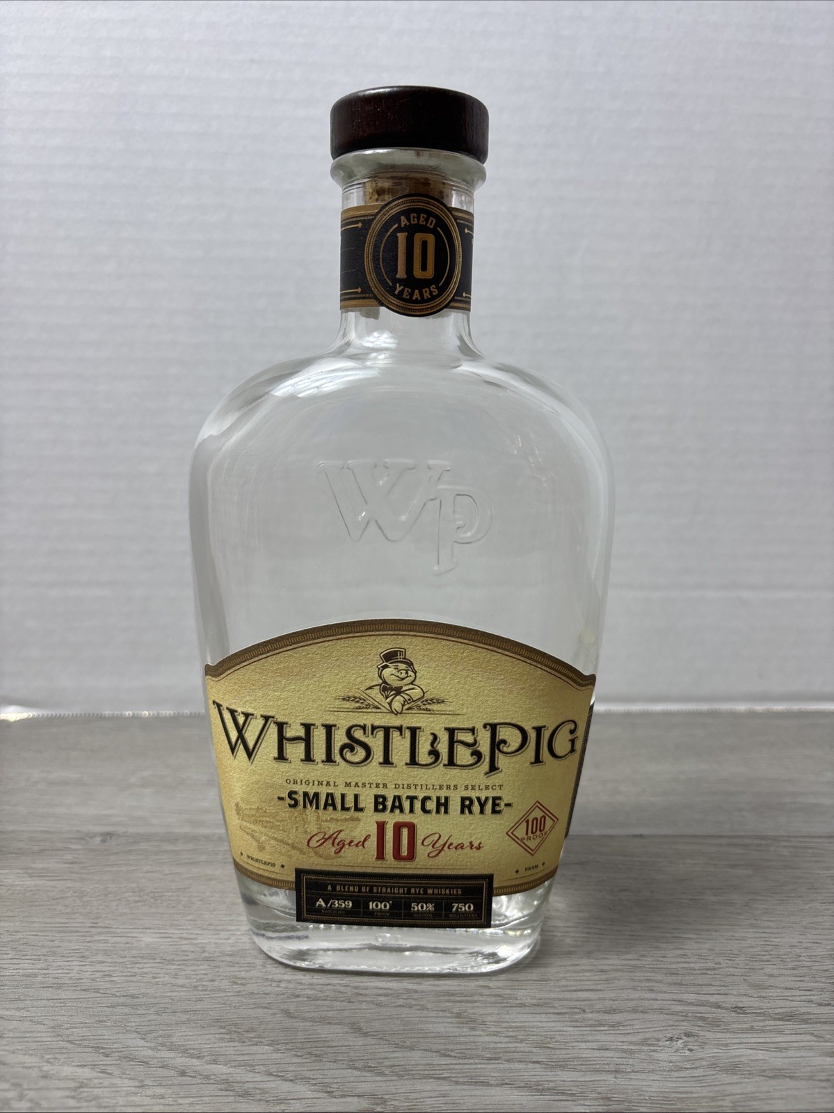 Whistle Pig Whiskey Small Batch Rye Aged 10 Year Empty Bottle With Cork, 750 ml
