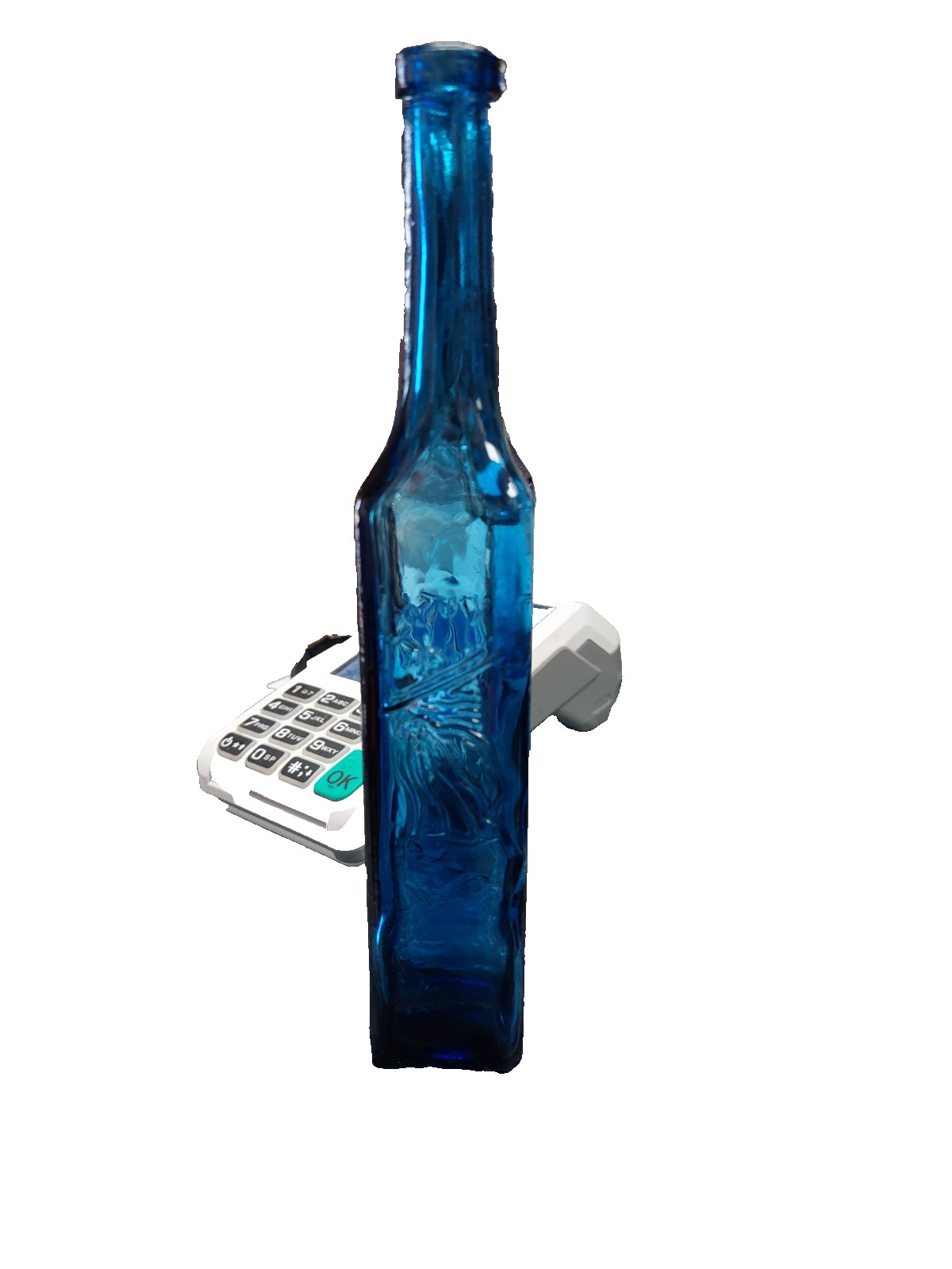 Vintage QUITA PENAS Tequila Cobalt Blue Embossed Bottle 8″ HTF Size