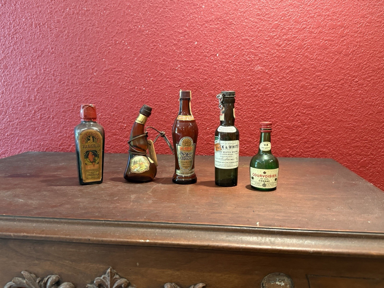Antique Liquor Bottles Green & Brown Glass; Mini Courvoisier, Grappa, Cambered