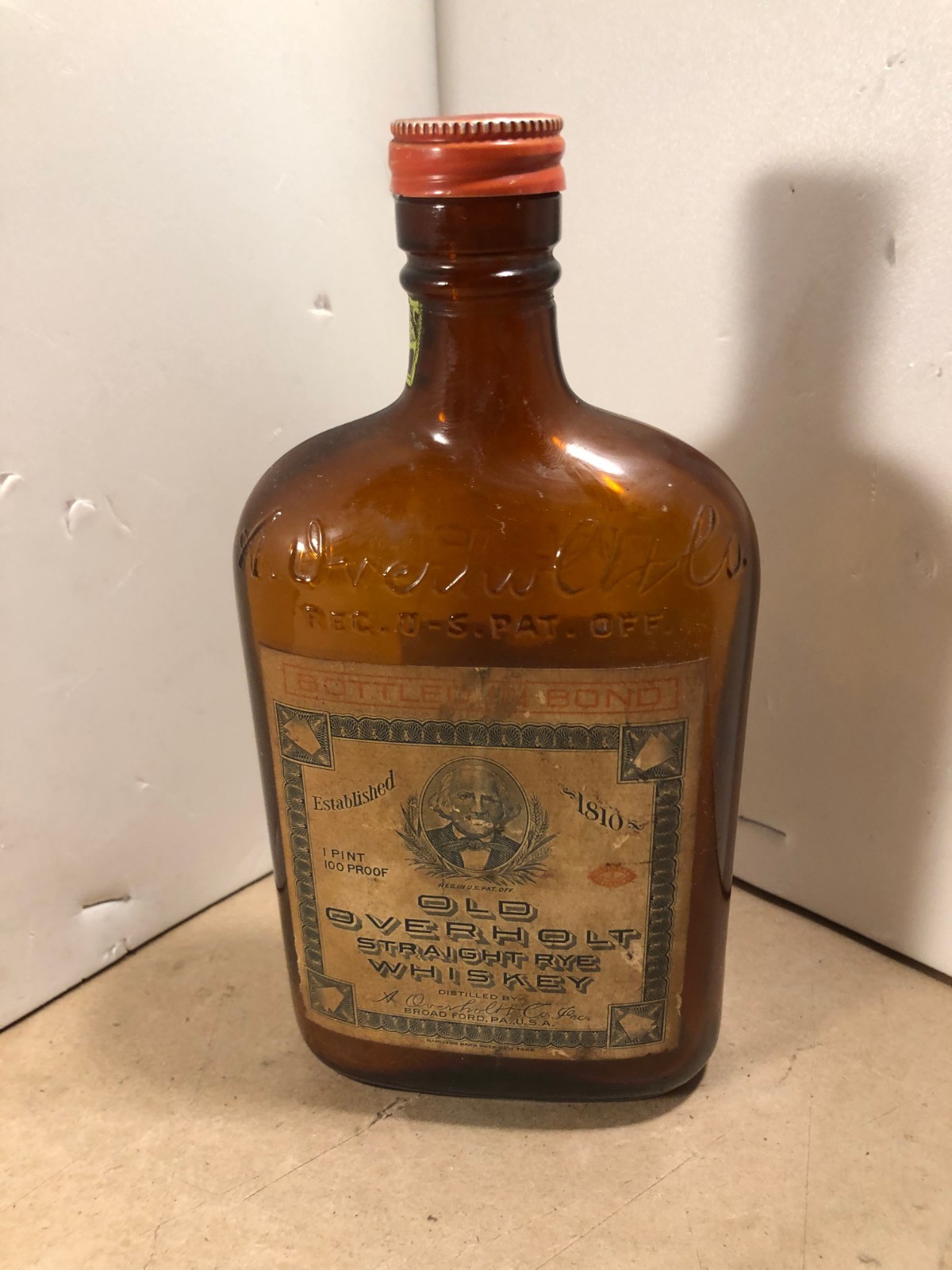 Vintage 1956 old overholt Whiskey bottle,Straight Rye Flask pint bottled in Bond