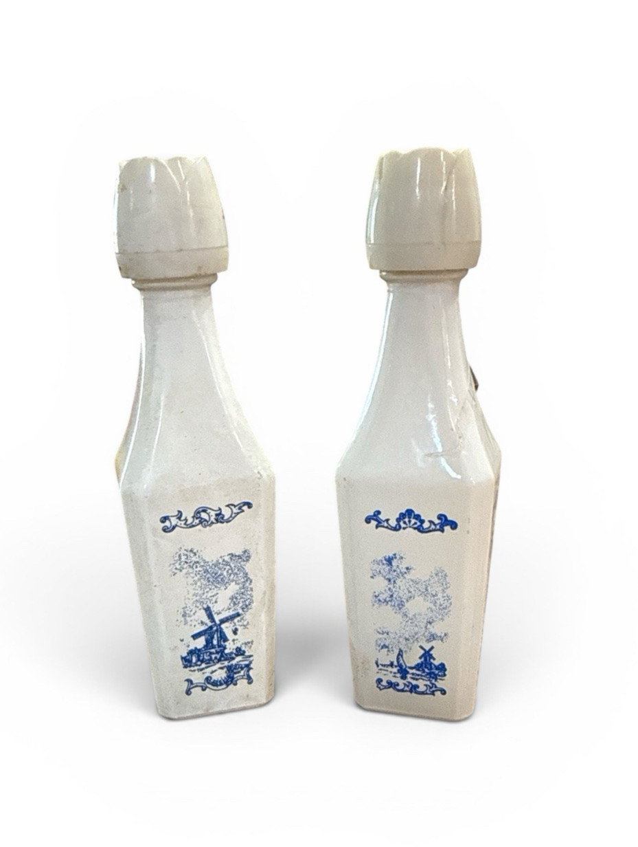2 Vintage Vandermint Liquor Mini Bottle Milk Glass Sweden Dutch Windmill Delft