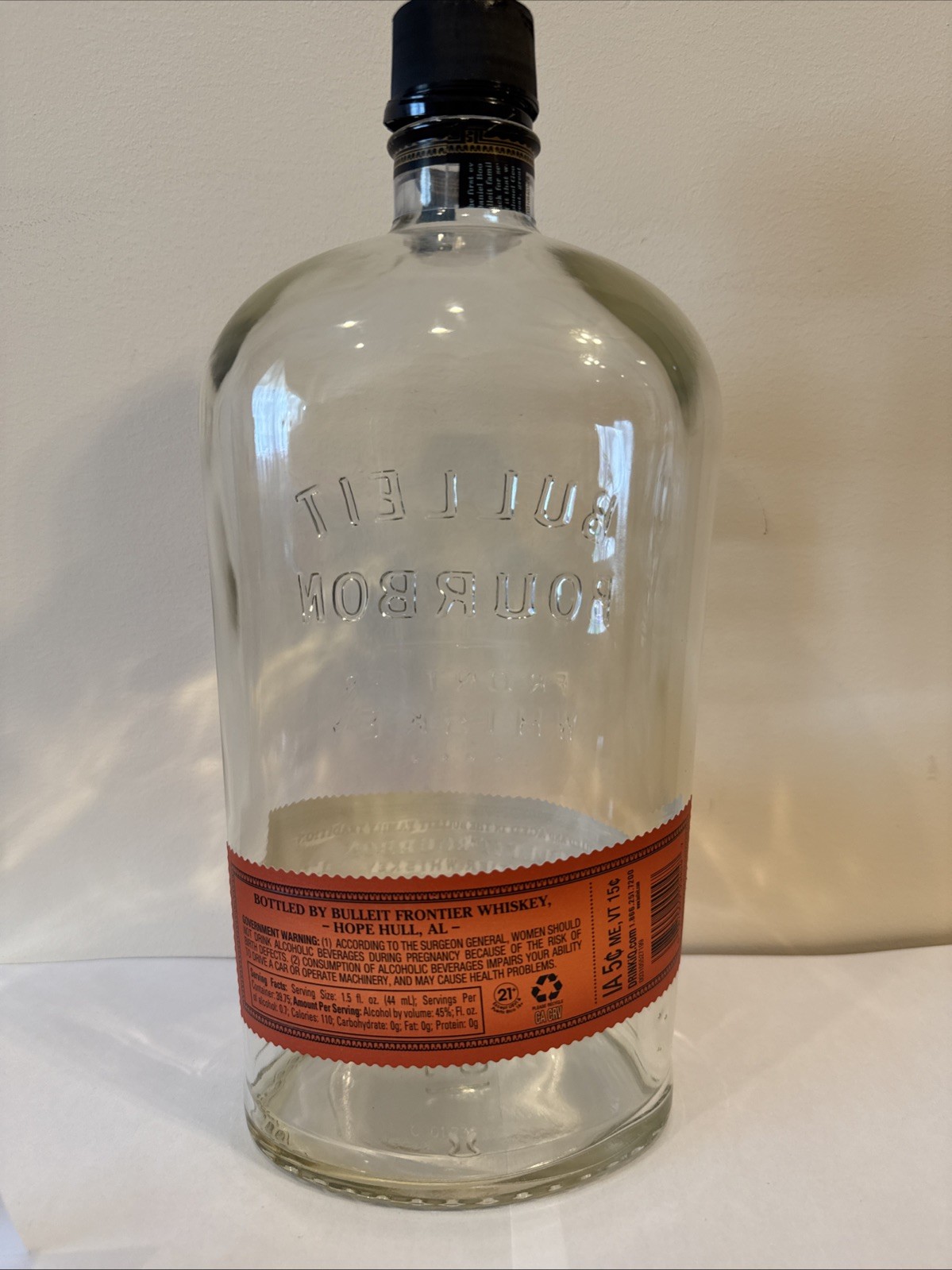 BULLEIT BOURBON Kentucky Straight Frontier Whiskey 1.75L Empty Glass Bottle +Cap