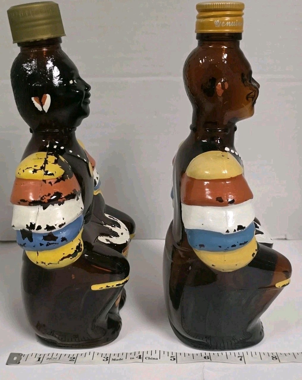Vintage Pair Old Oak Rum Limbo Drummer Empty Bottles Angostura Trinidad c. 1970s