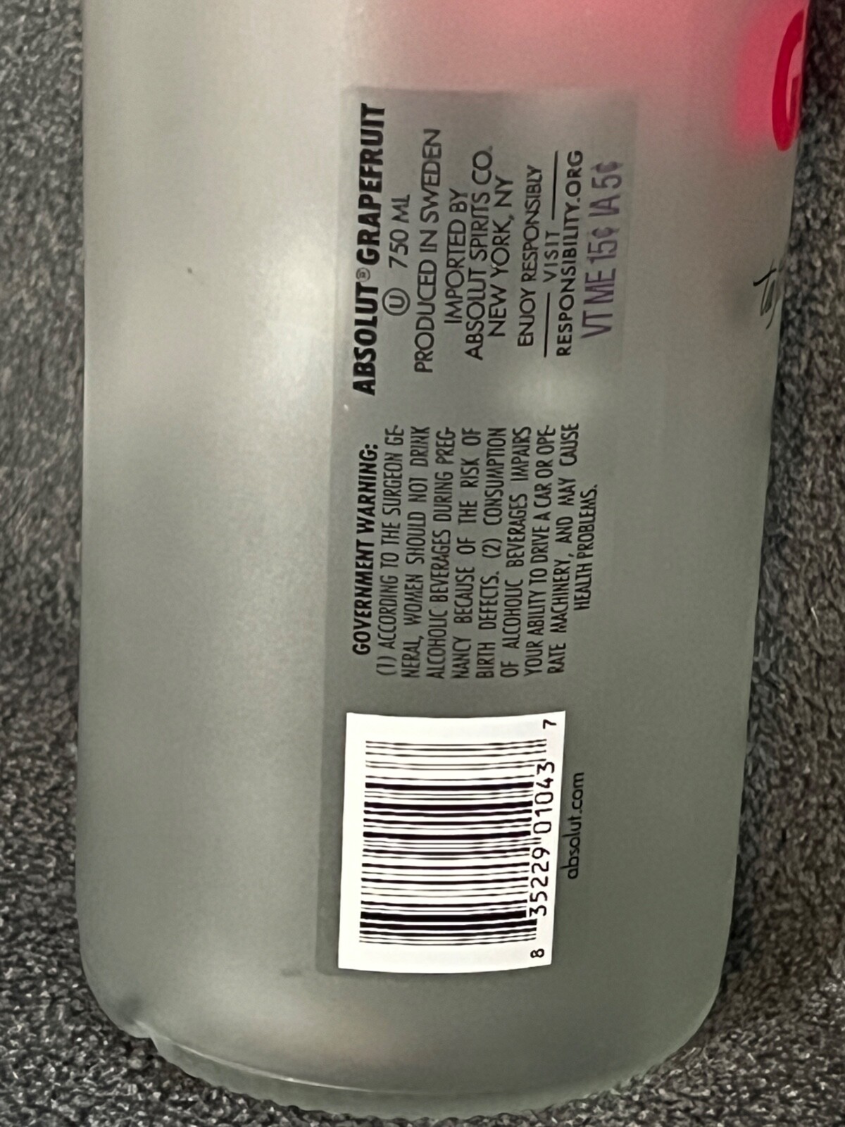 Absolut Grapefruit Vodka Bottle Frosted Glass Pink Letters EMPTY 750ml
