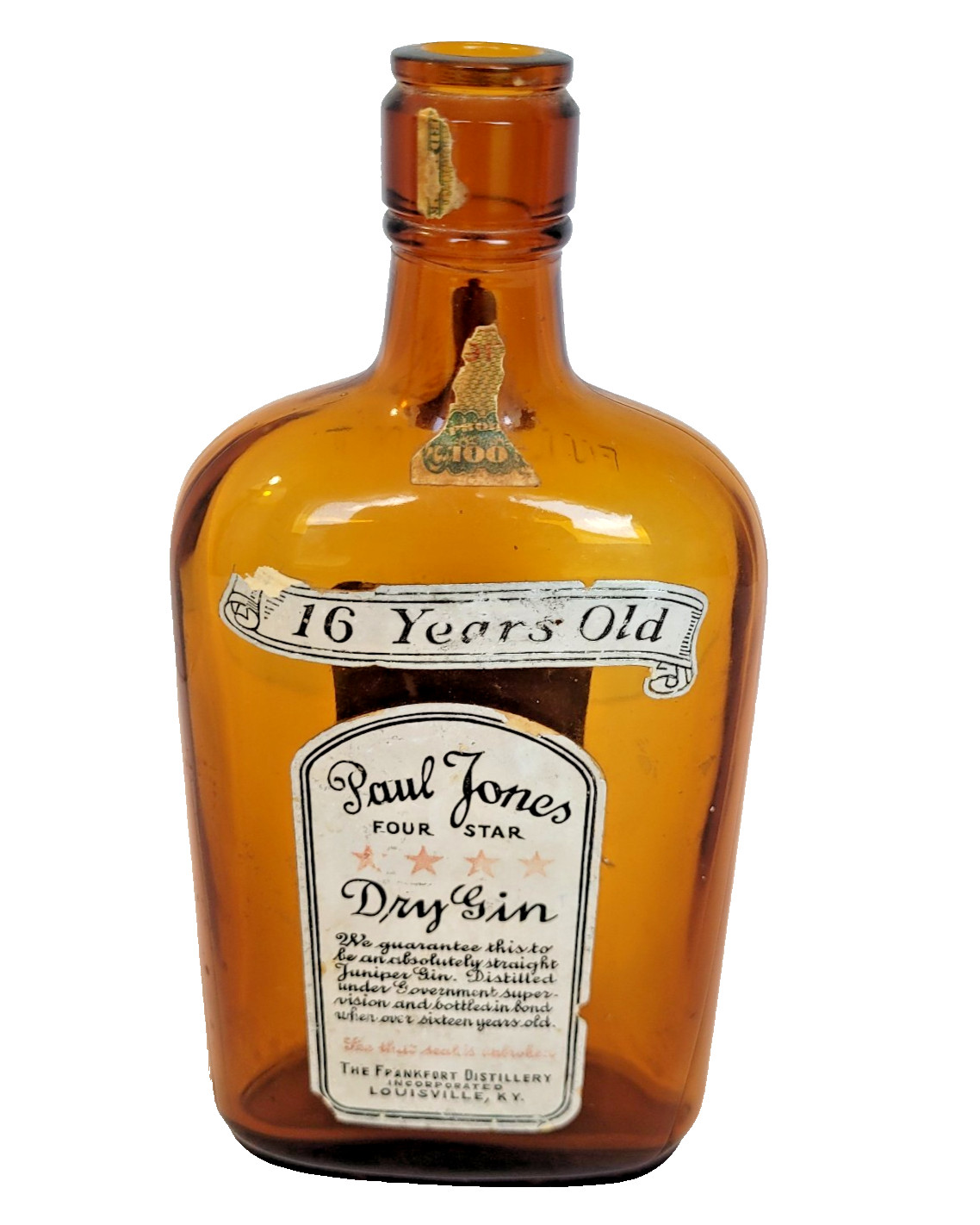 Antique Paul Jones 4 Star Dry Gin Bottle 1 Pint 100 Proof Frankfort Distilleries