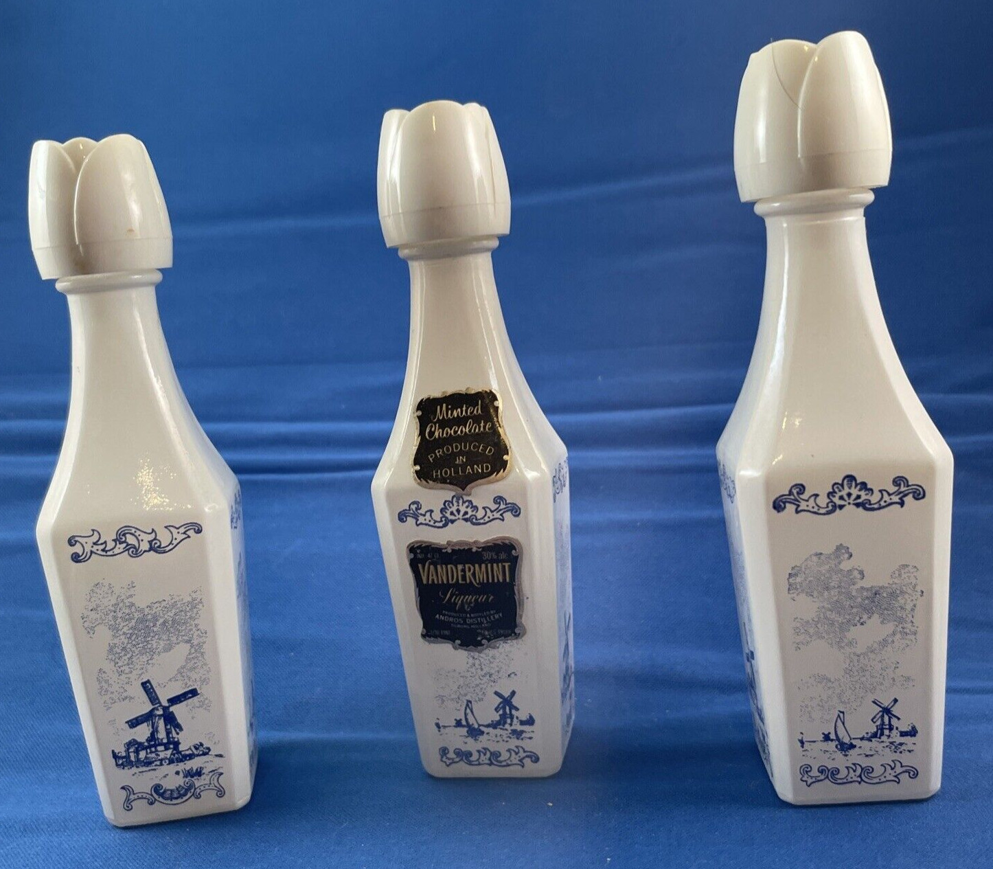 3 Vandermint Liqueur Minted Chocolate Holland Decanter Bottles, White Top, empty