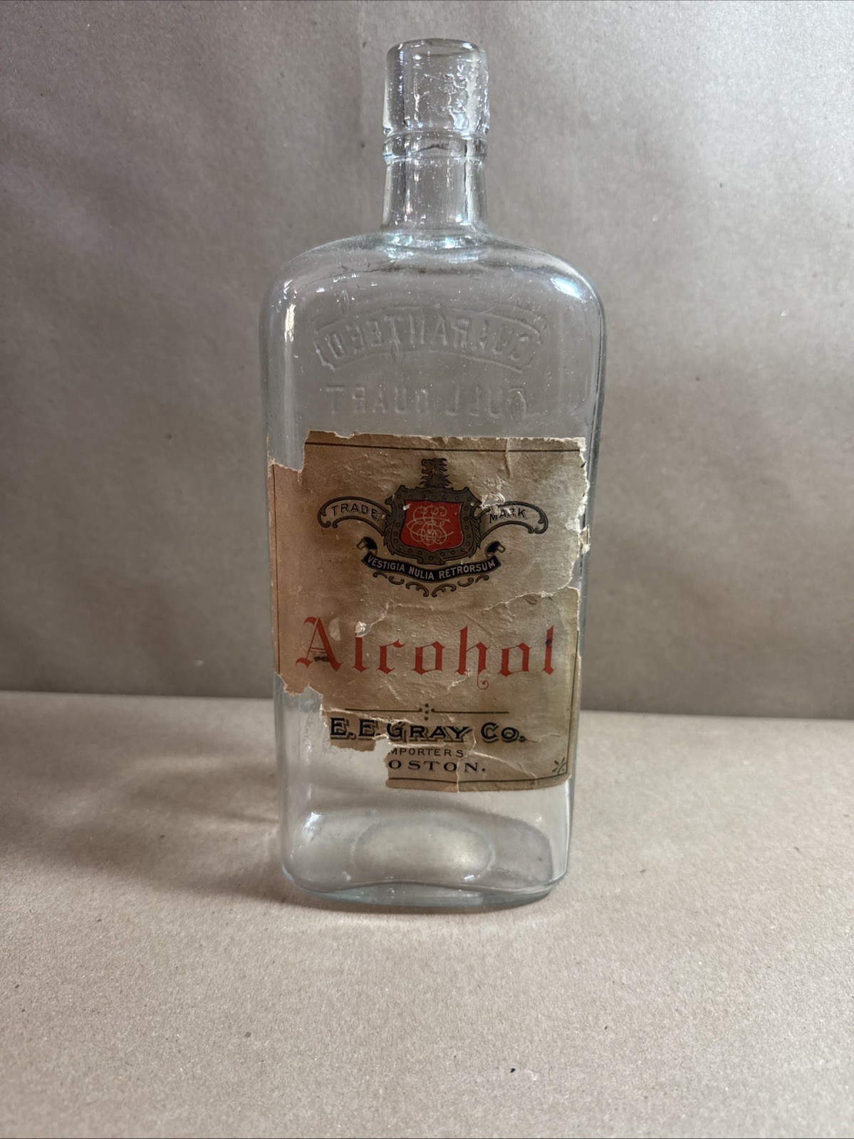 Pre-Pro Labeled Full Quart Alcohol E.E Gray & Co Boston Mass