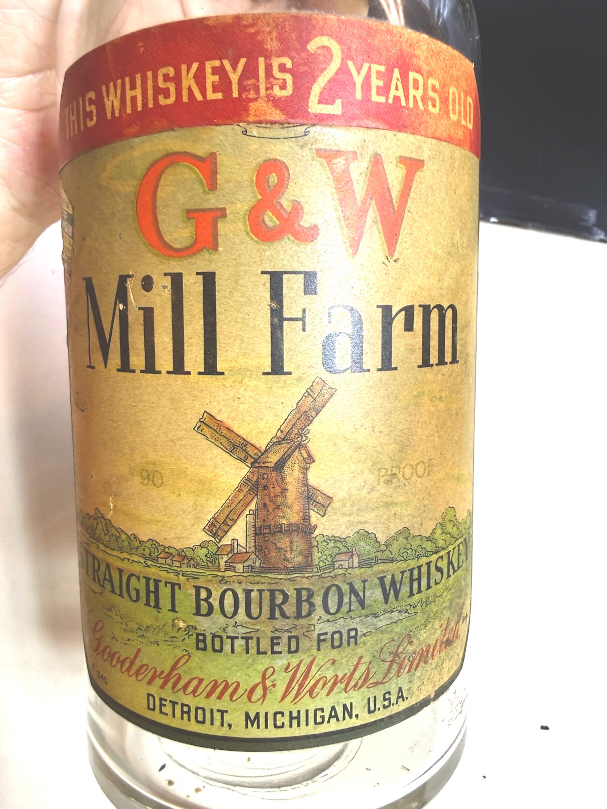 RARE ANTIQUE ORIGINAL » G $ W MILL FARM » WHISKEY PAPER LABEL BOTTLE!!