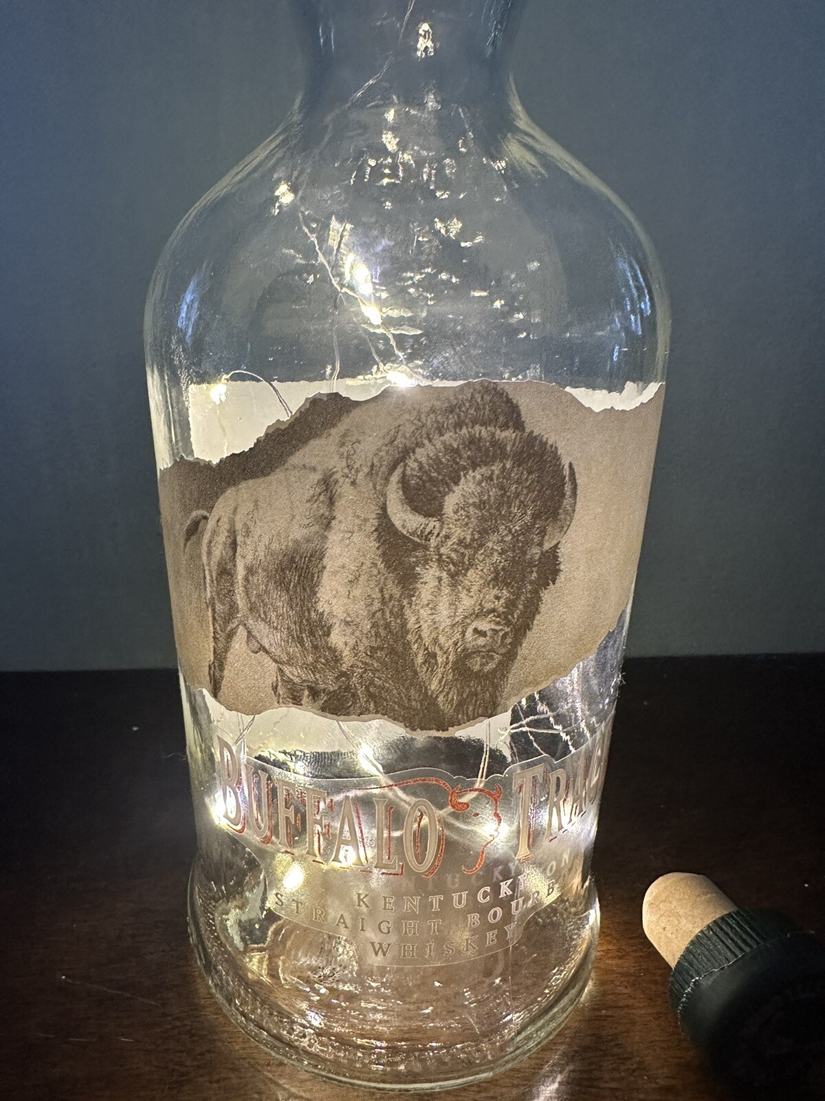Empty Buffalo Trace Kentucky Bourbon 750ML Bottle w. LED’s & cork stopper
