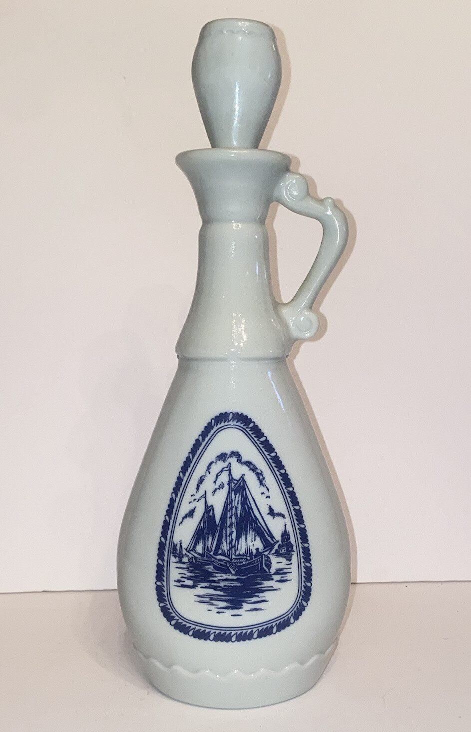 Vintage Milk Glass DUTCH Windmill Sailing Ship Delft Liquor Bottle Decanter