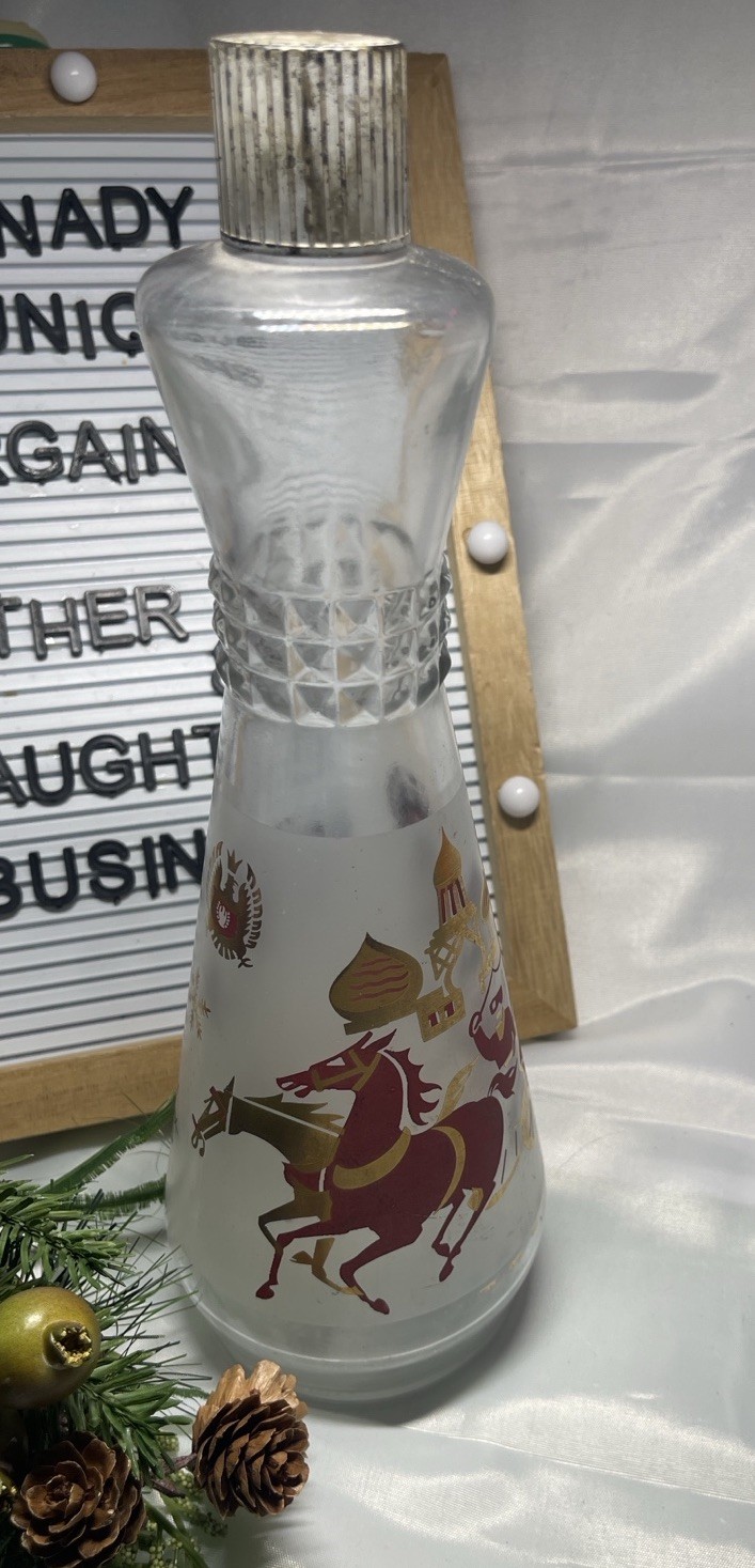 Vintage 1950s Frosted Glass Liquor Bottle Russian Sleigh Scene Federal Law 55-60