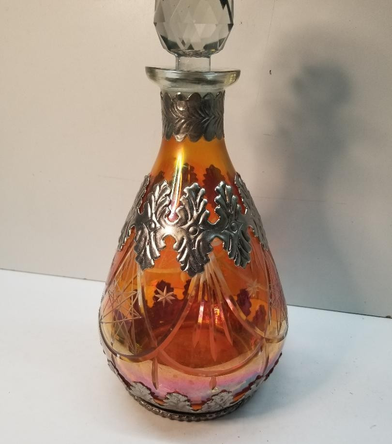 Decanter Circa 1900’s Made in Germany Cut Glass Silver Overlay Red Pink Orange