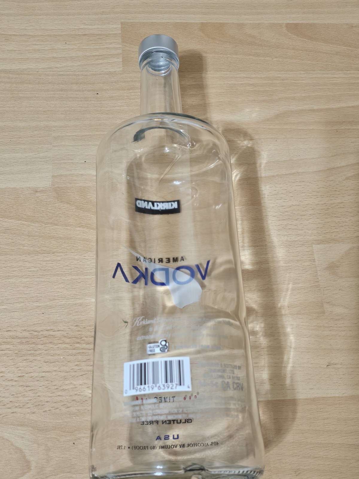 Empty Kirkland Signature American Vodka Bottle 1.75L Glass w/ Screw Cap 15″ Tall