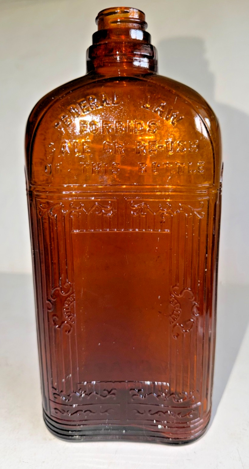 RARE Antique Hiram Walker Whiskey 4/5 Qt Amber Glass Flask Bottle Embossed 9″