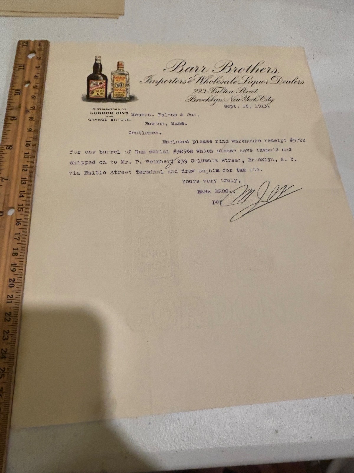 1913 Gordon’s Gin Barr Bros. Brooklyn graphic advertising Letter billhead