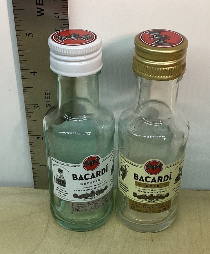 2 Bacardi Gold and Superior Rum Empty 100ml Glass Bottles Craft Decor