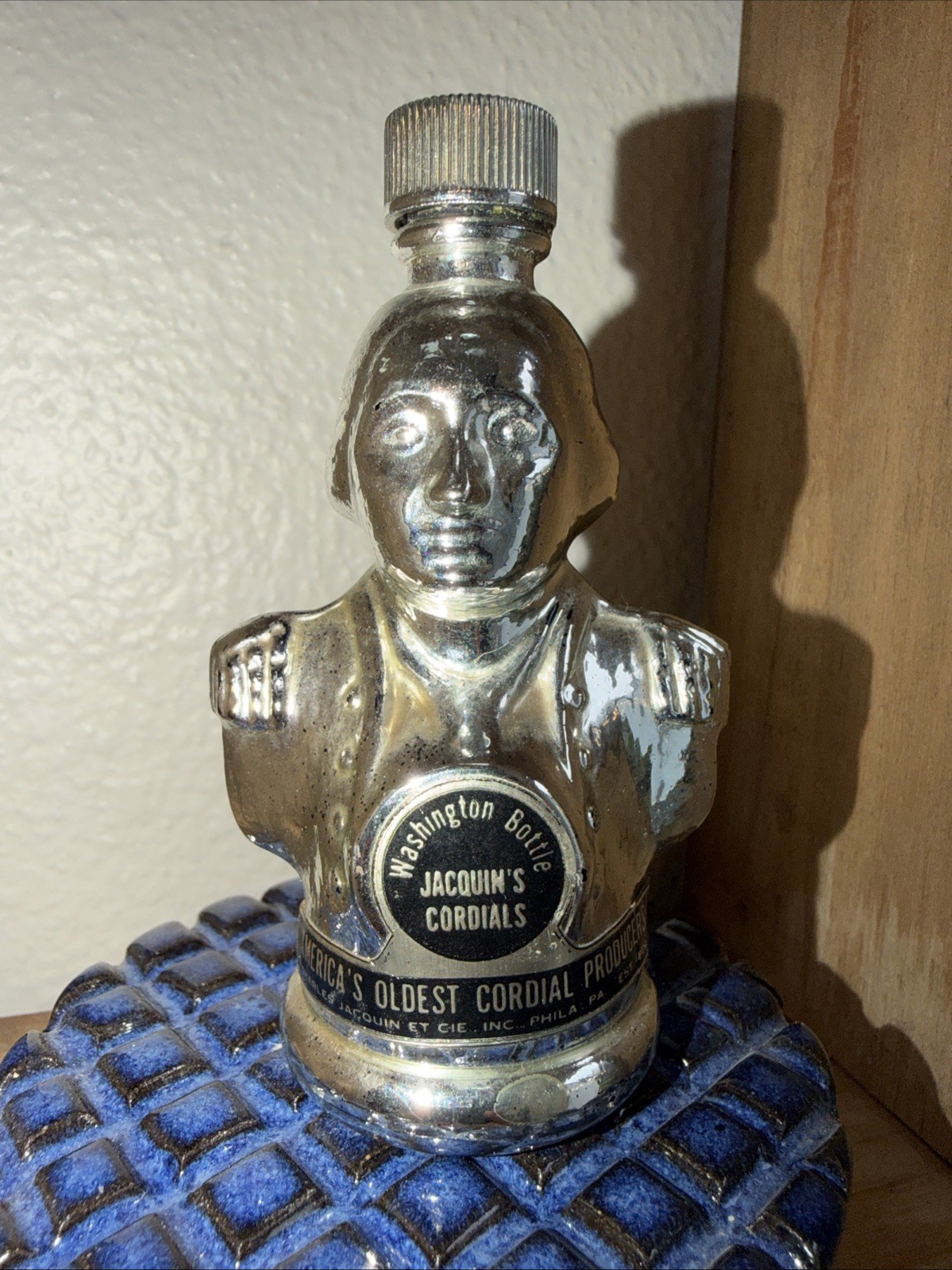 Charles Jacquin Silver Cobalt Washington Glass Empty Cordial Bottle Vintage