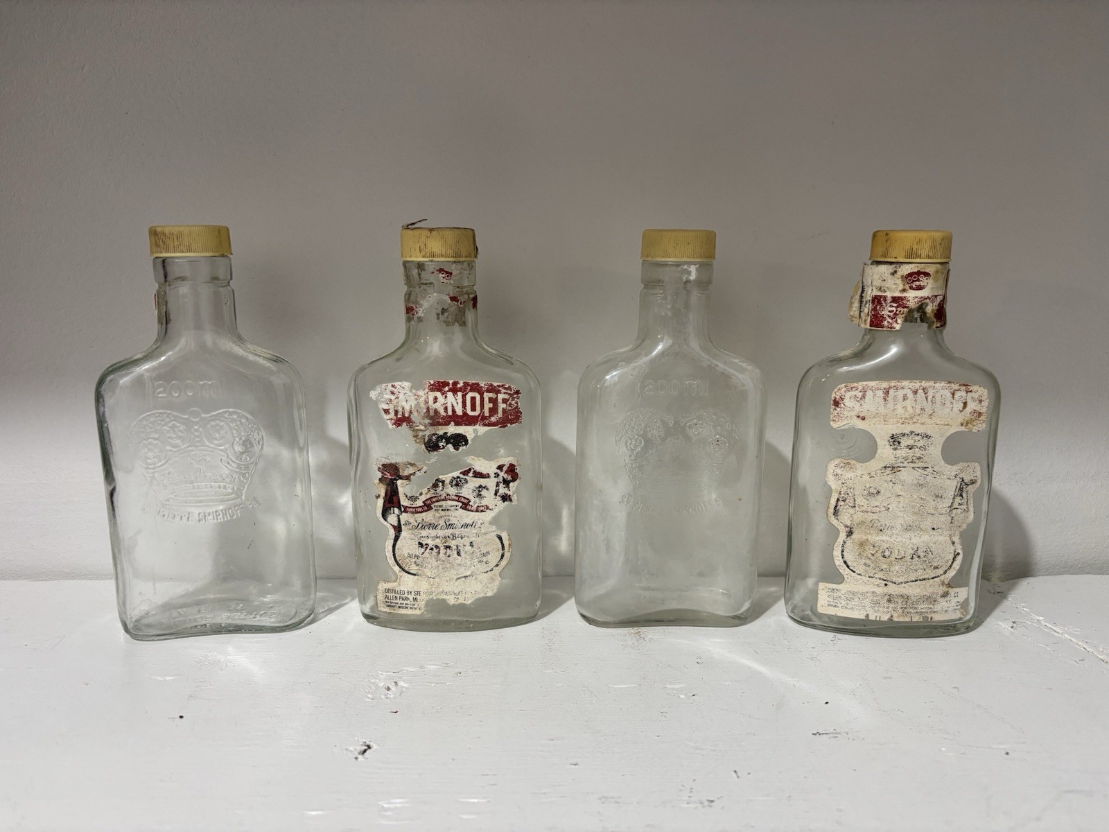 Vintage Smirnoff 200ml Crown Embossed Glass Liquor Bottles w/ Caps – Lot of 4