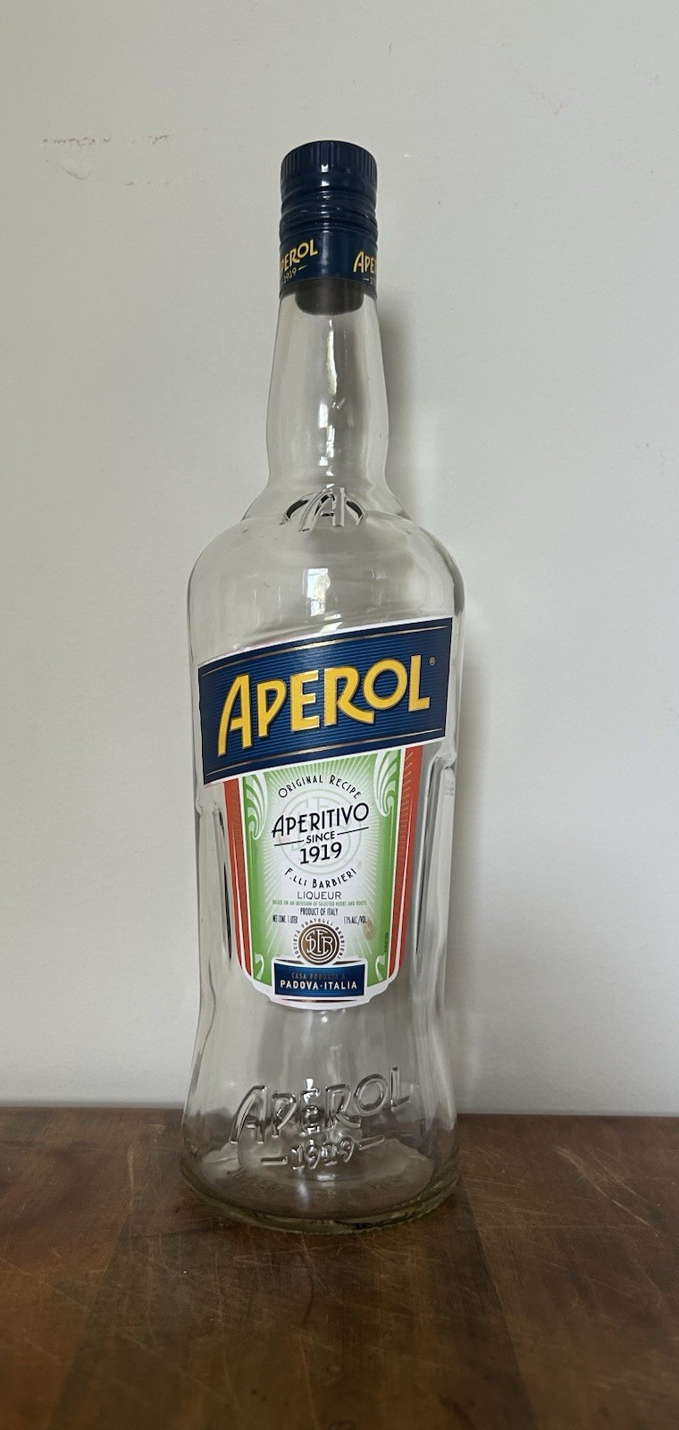 Empty 1L Aperol Italian Liqueur Clear Glass Bottle Lid & Label Perfect Condition
