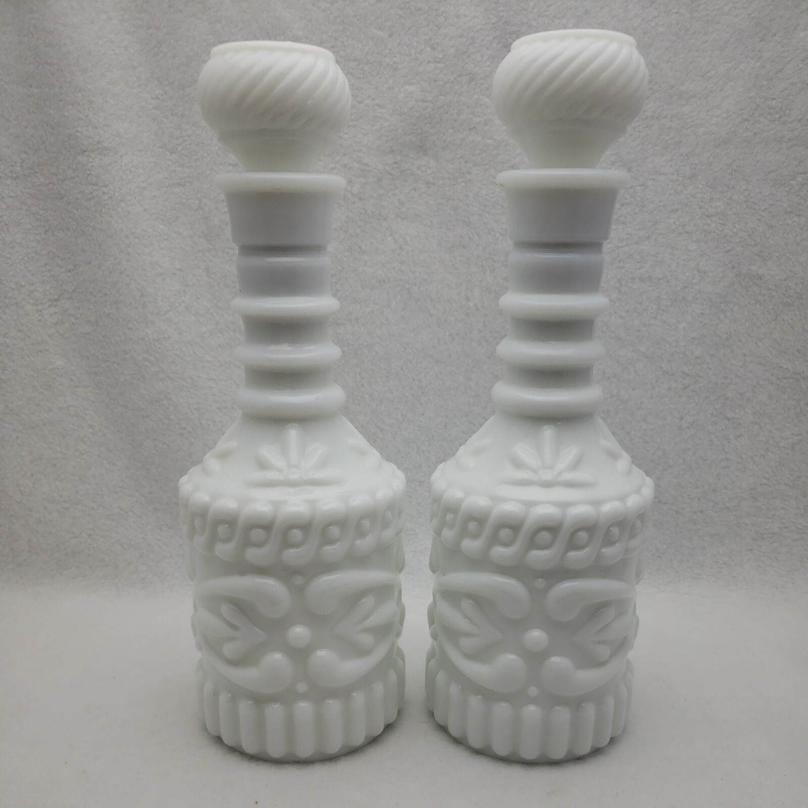Pair of Vintage Milk Glass Decanters Opaline Liquor Jim Beam 1969 Empty Stoppers