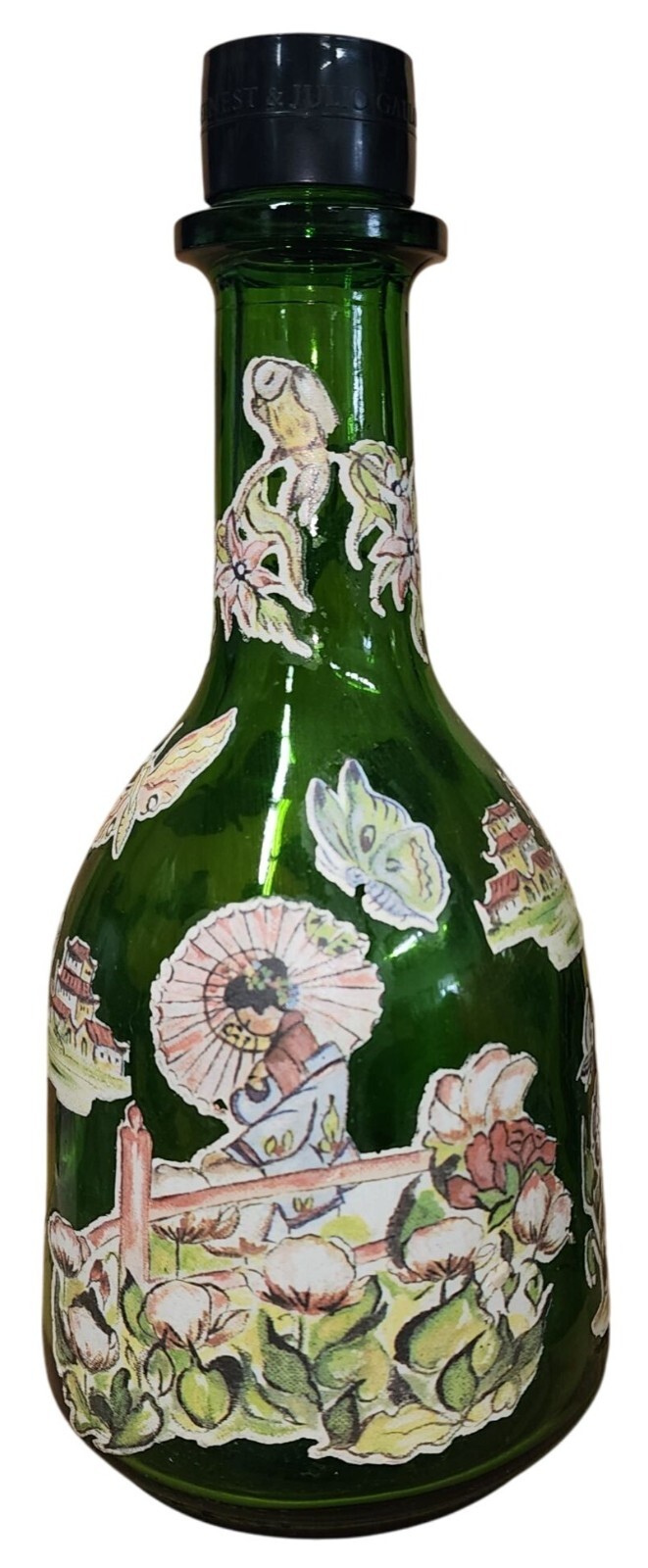 Vintage Ernest & Julio Gallo Green Glass Bottle with Asian Oriental Scene Design