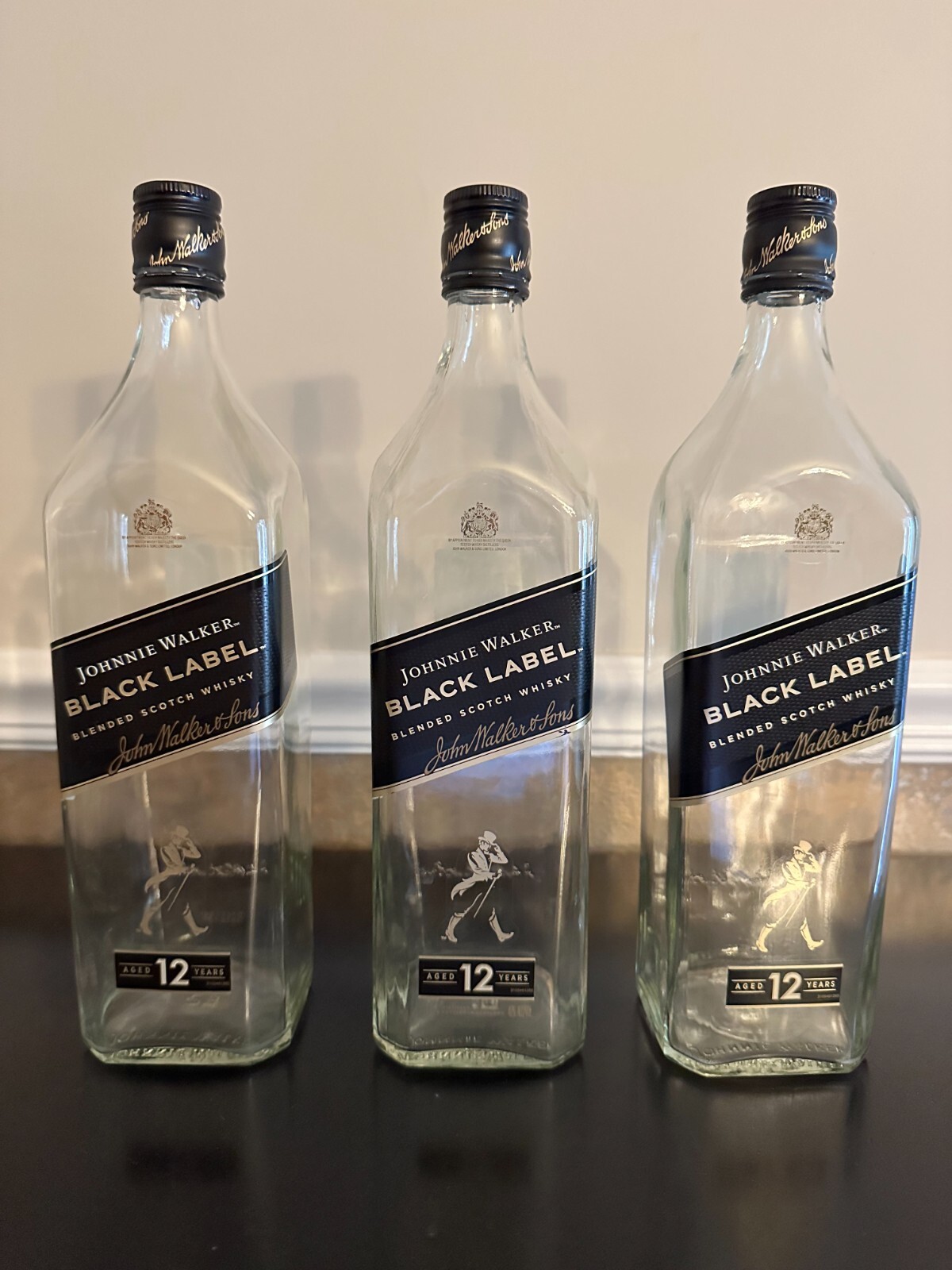Lot of 3 Empty 1 Liter 1000 ML Johnnie Walker Black Label Bottles, With Caps