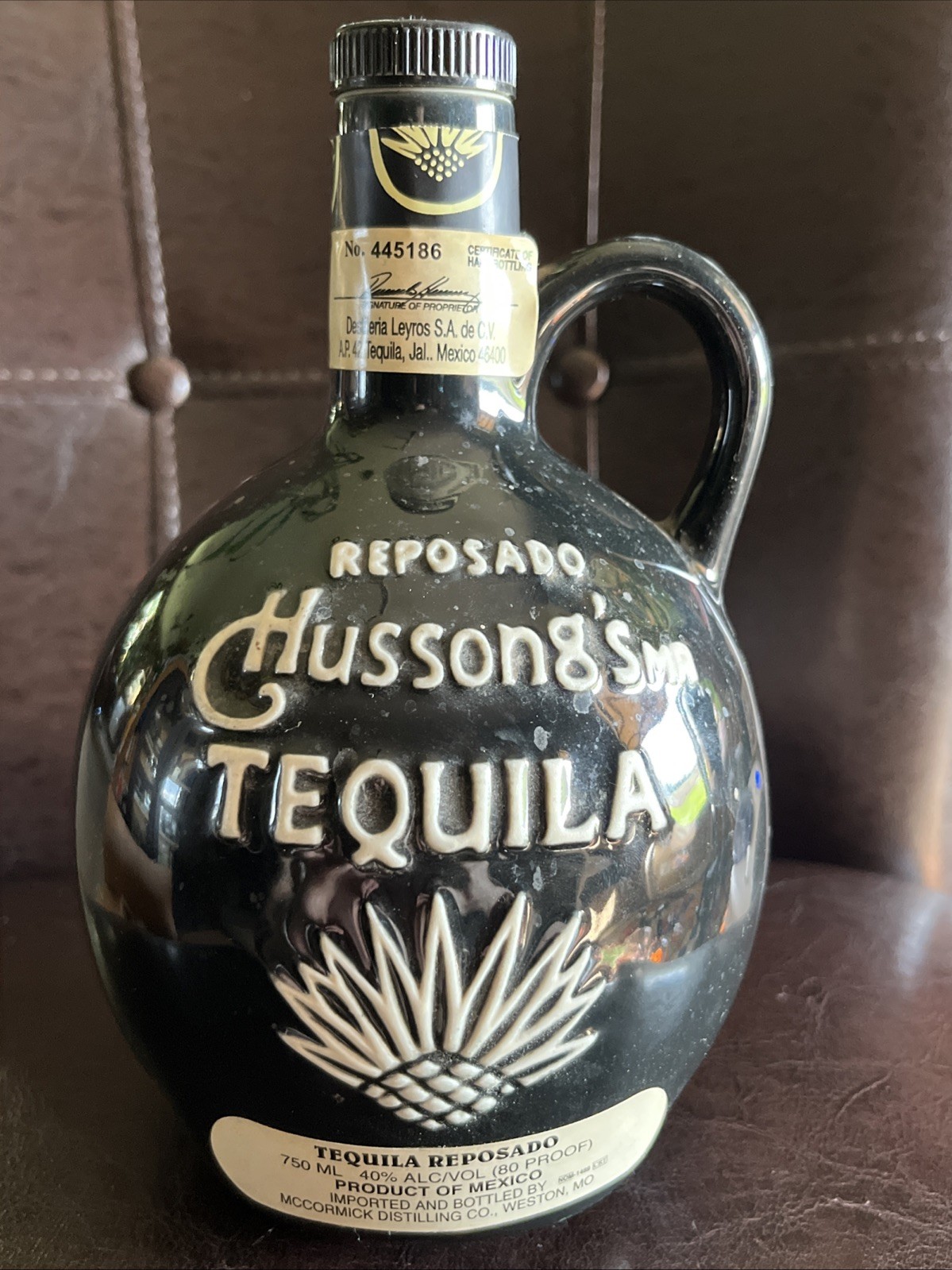 Hussong’s MR Reposado Tequila Empty Bottle Jug – Black Ceramic Stoneware – 750ml