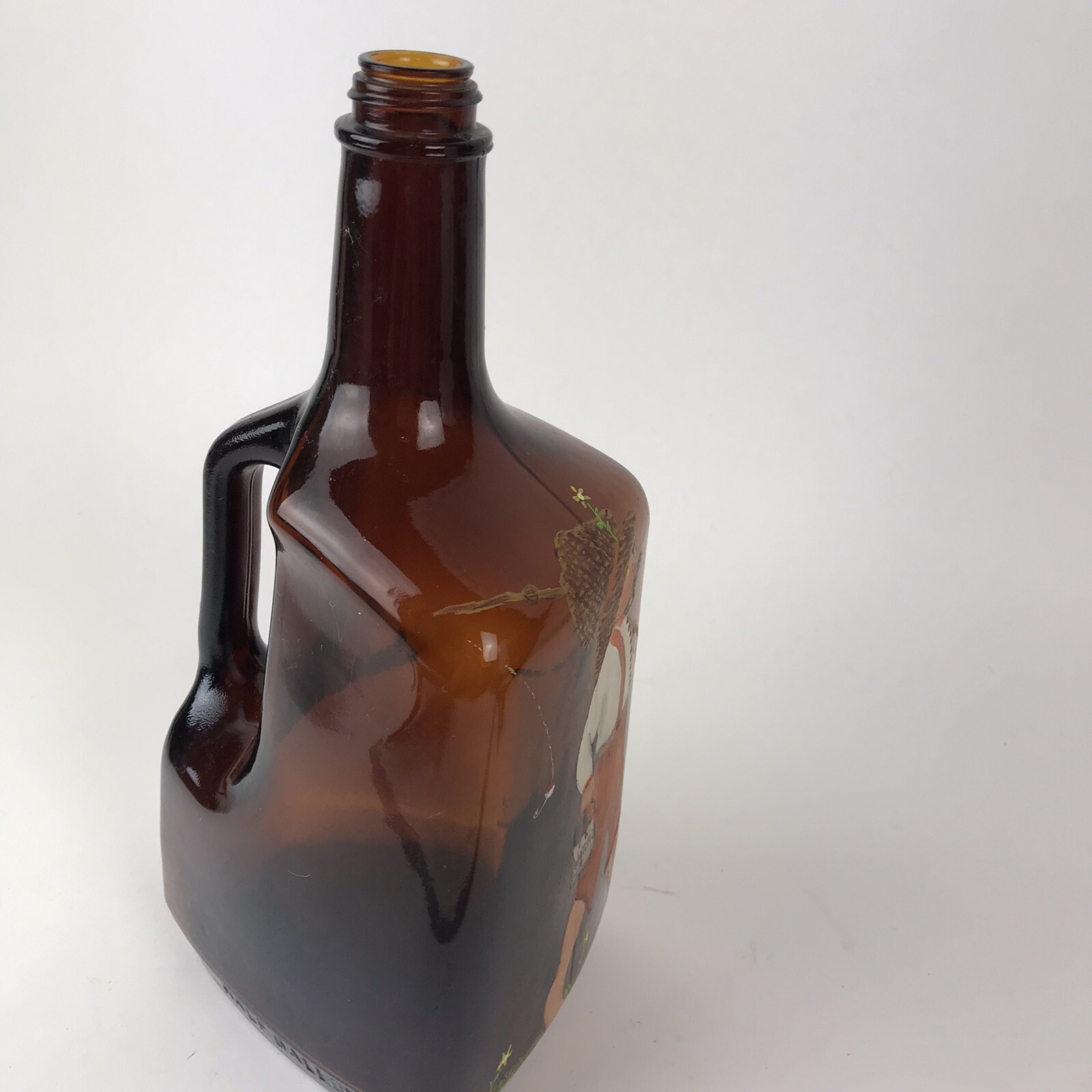 Vtg Hand Painted 1/2 gallon Amber Liquor bottle Empty country fishing folk art