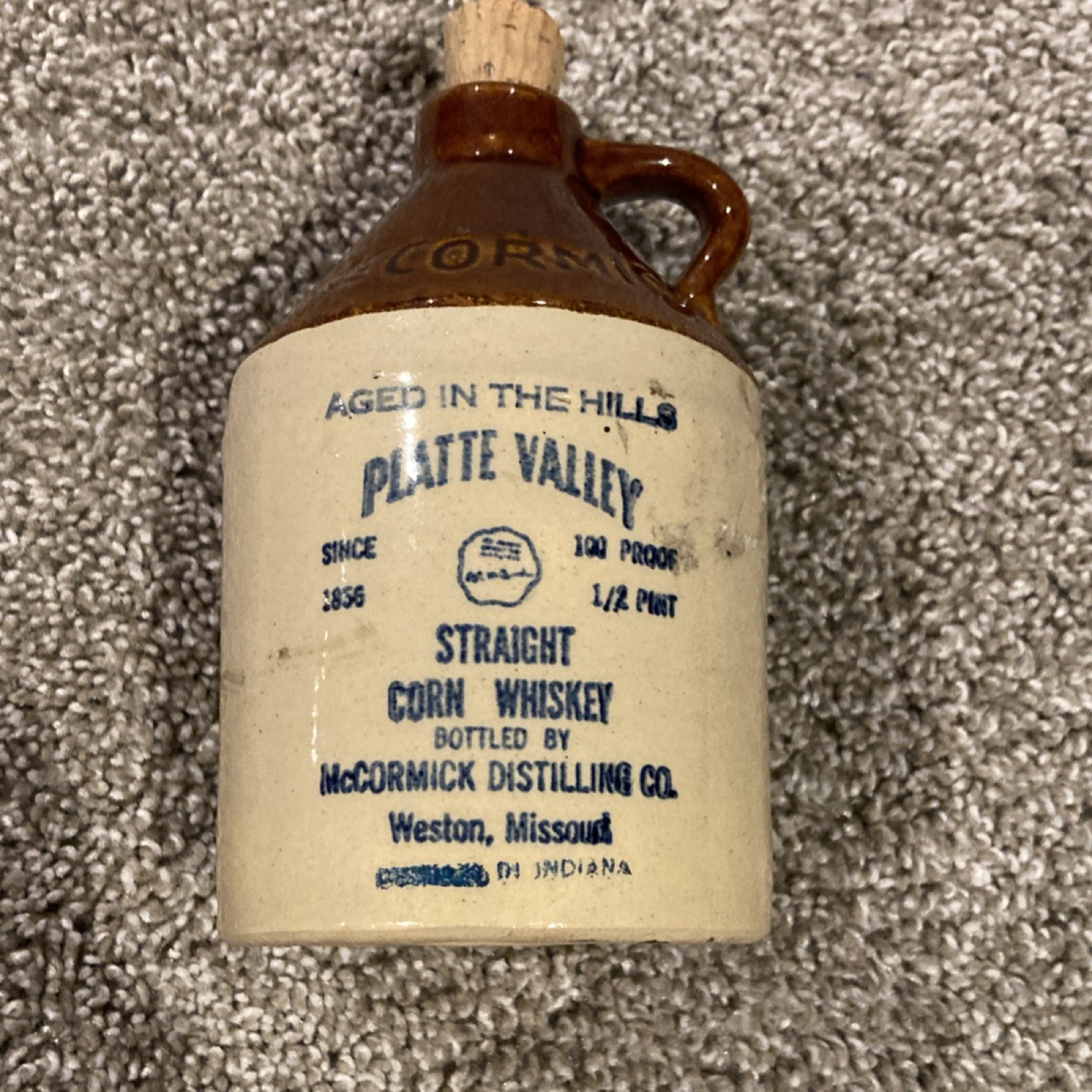 McCormick Platte Valley Straight Corn Whiskey Jug 1/2 Pint Brown Beige Liquor