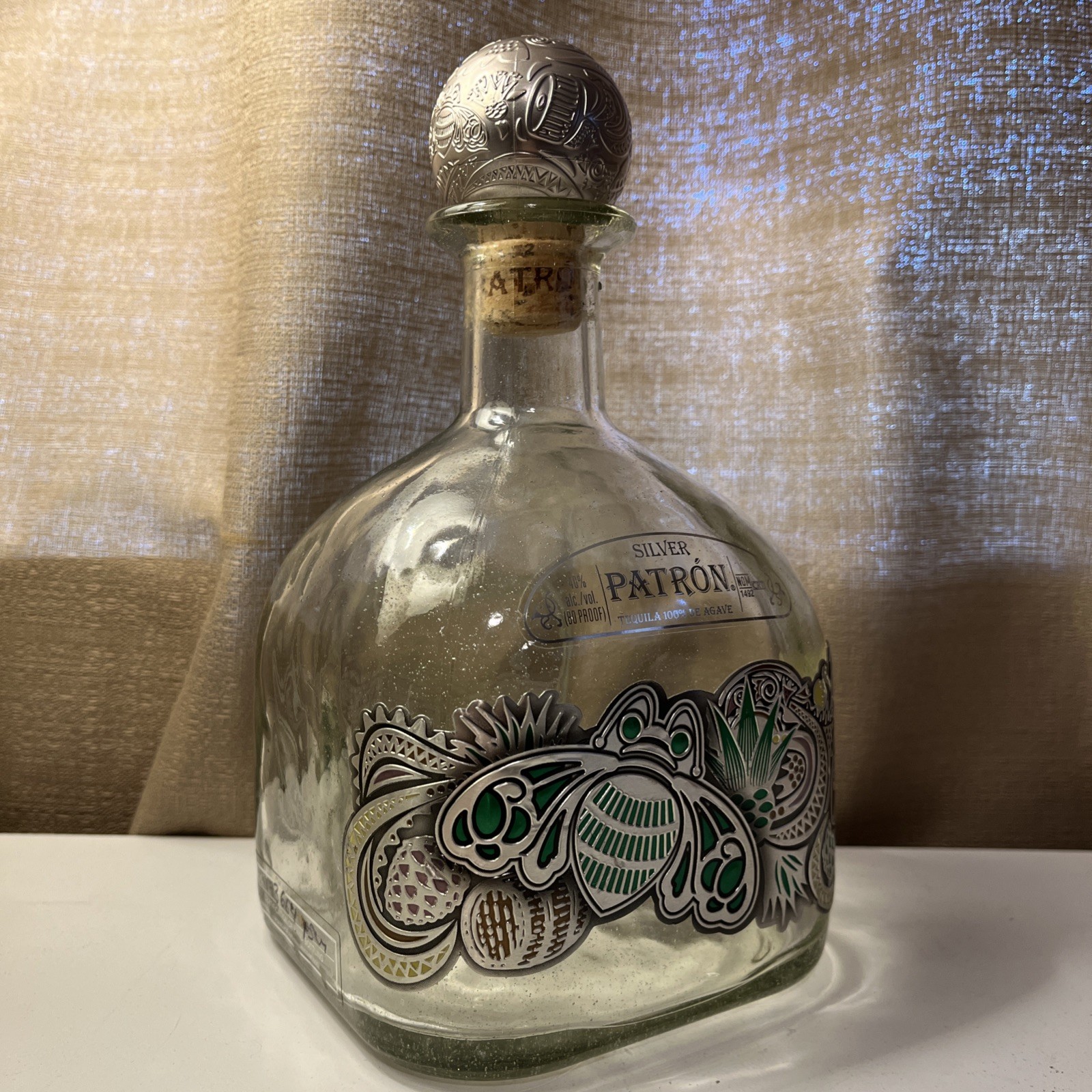 Patron Silver Limited Edition Tequila Bottle, Pewter Bee Label and Cork 1492