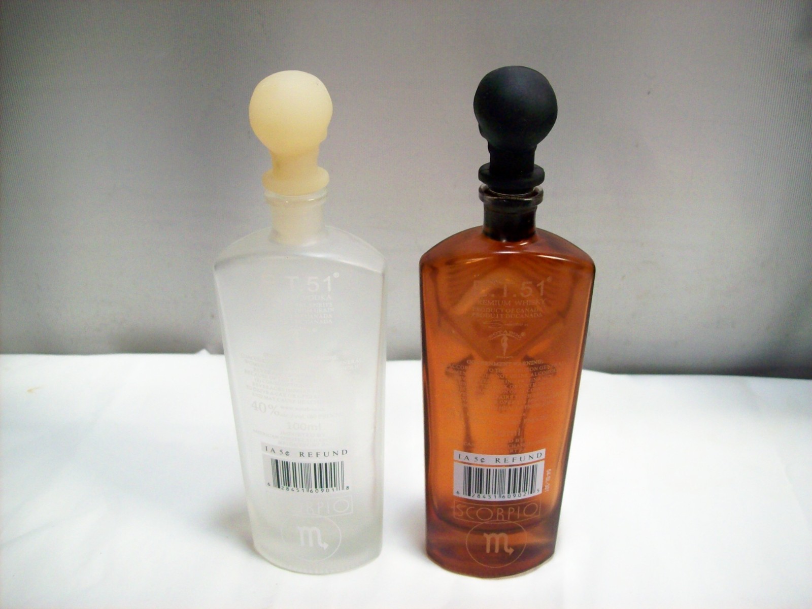 E.T. 51 Skeleton Liquor Bottles Empty 100 ml Frosted White & Amber Lot of 2
