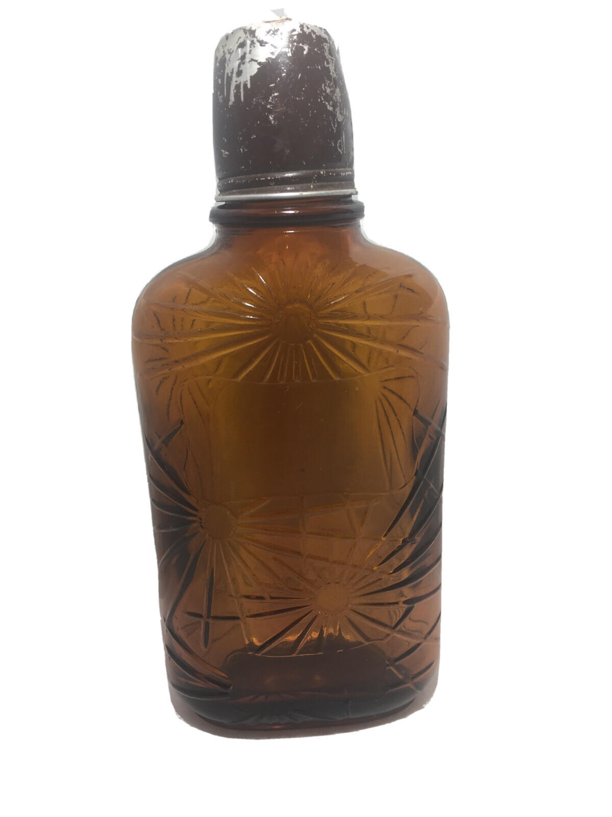 1930’s Frankfort Distilleries Amber Starburst Whiskey Bottle & Tin Shot Cup