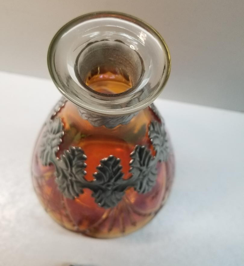 Decanter Circa 1900’s Made in Germany Cut Glass Silver Overlay Red Pink Orange