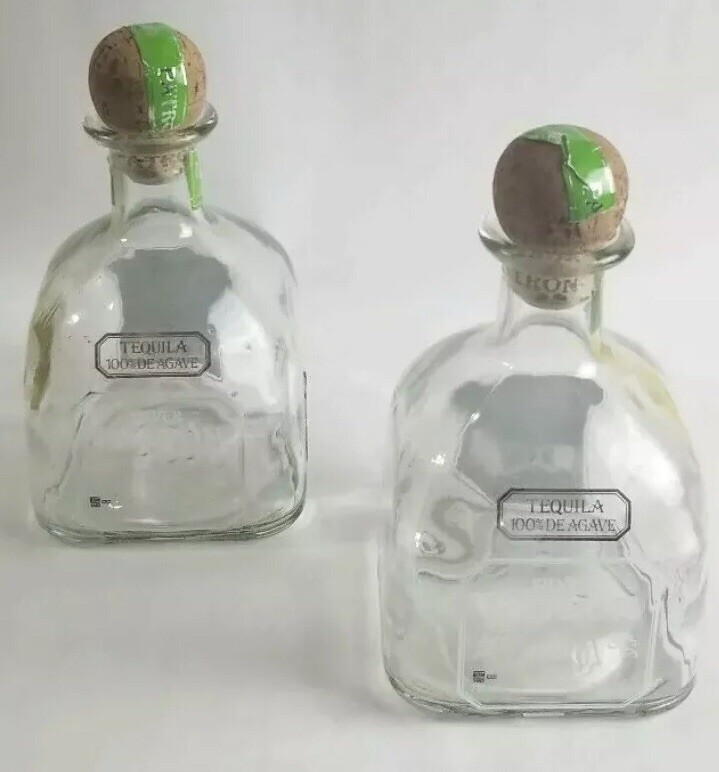 2 x Patron Silver Tequila Empty Bottles & Corks ~ 750ml ~ Arts Crafts Decor