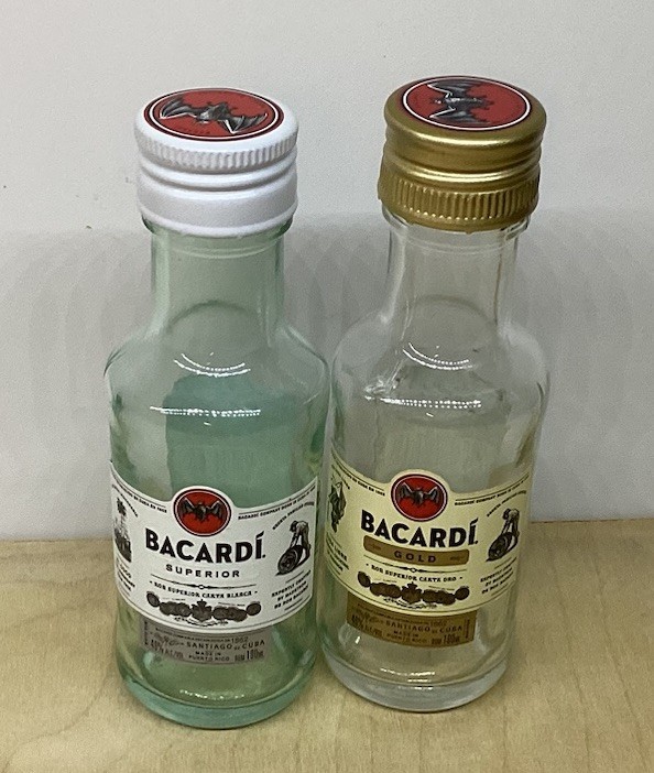2 Bacardi Gold and Superior Rum Empty 100ml Glass Bottles Craft Decor