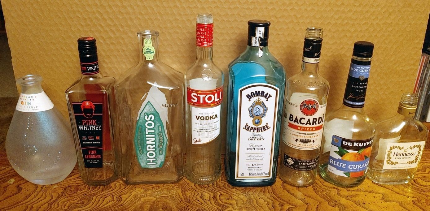 8 Empty Liquor Bottles Mixed Lot Gin Rum Vodka Cognac Hornitos Bombay Sapphire