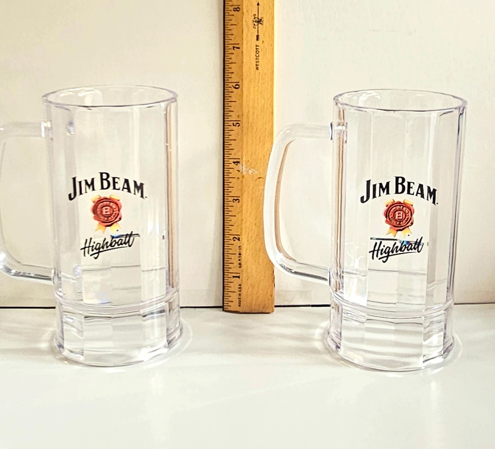 4 NEW JIM BEAM «HIGHBALL» PLASTIC MUGS WITH HANDLES APPROX 6″ TALL