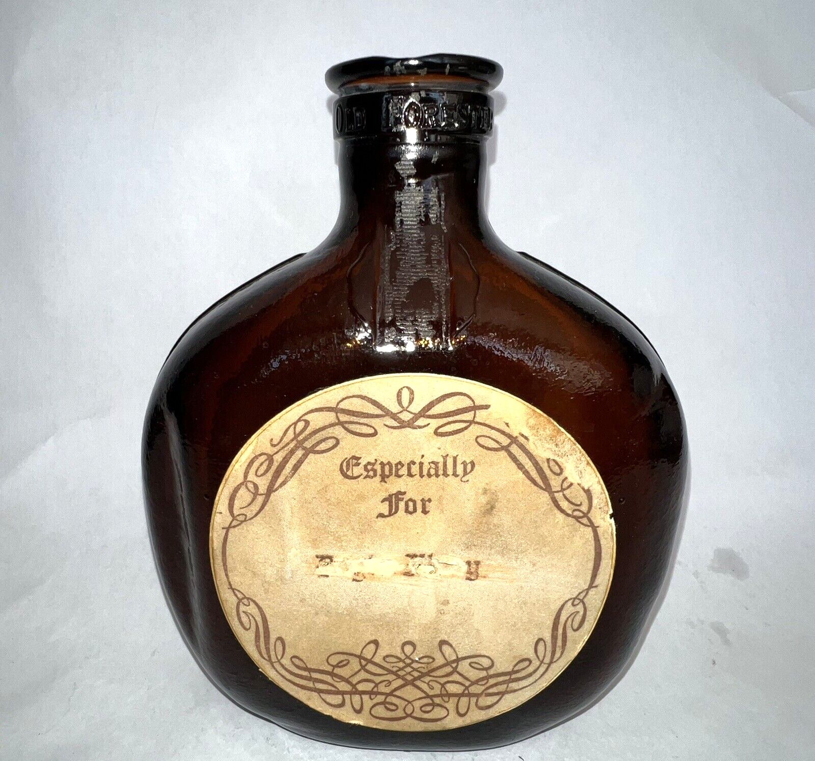 Old Forester Amber Whiskey Bottle 1940s w/Personalized Sticker 7.5″ Tall K601