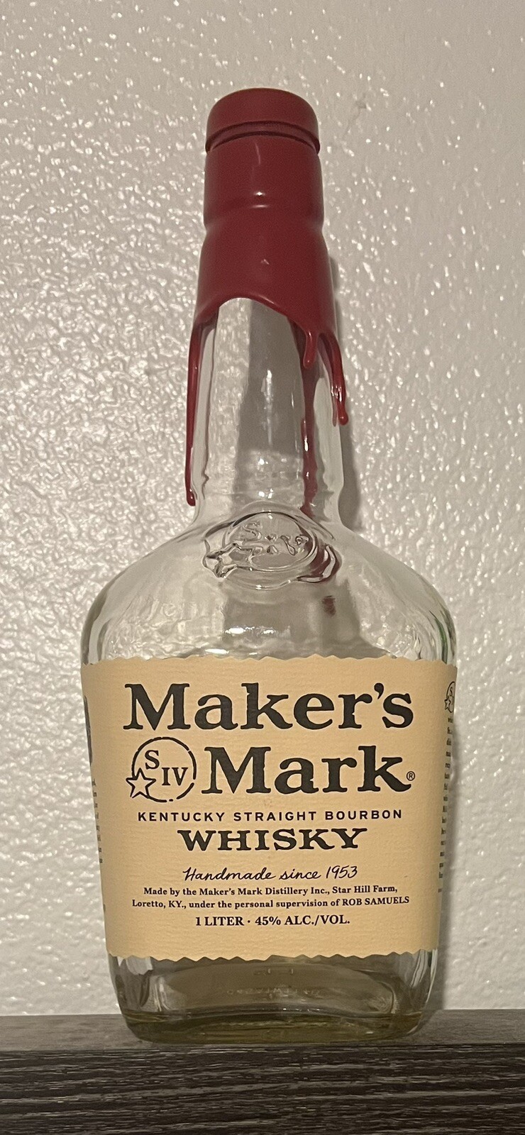 Empty Maker’s Mark Whiskey Bottle with Wax 1L Pre Owned and Pre Washed
