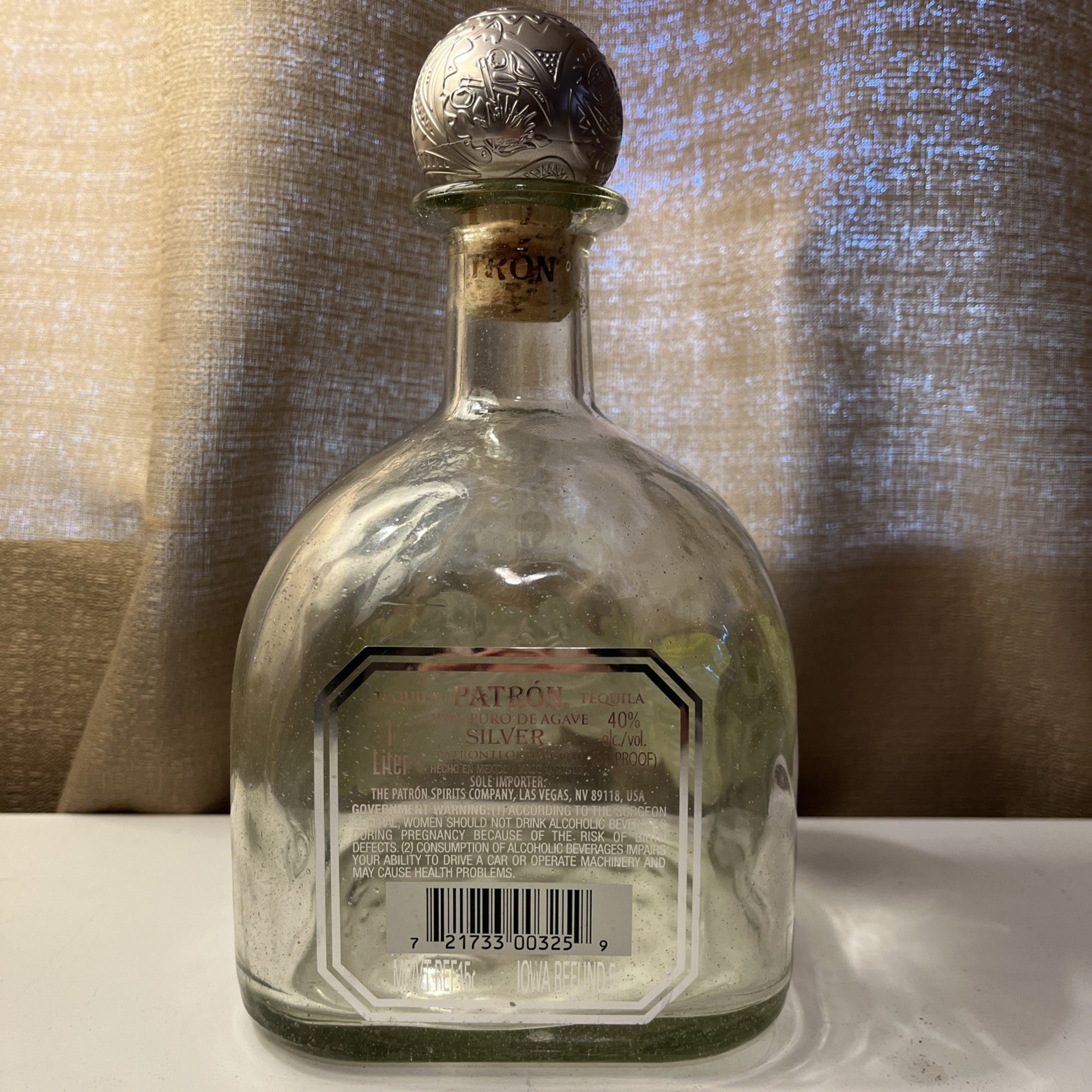 Patron Silver Limited Edition Tequila Bottle, Pewter Bee Label and Cork 1492