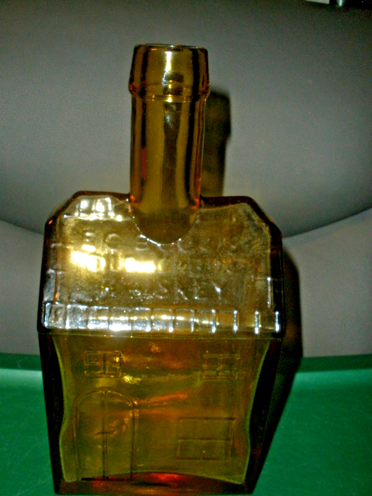 Mid Century E. C. Booz’s Old Cabin Whiskey Bottle Great Amber Color 8.5″