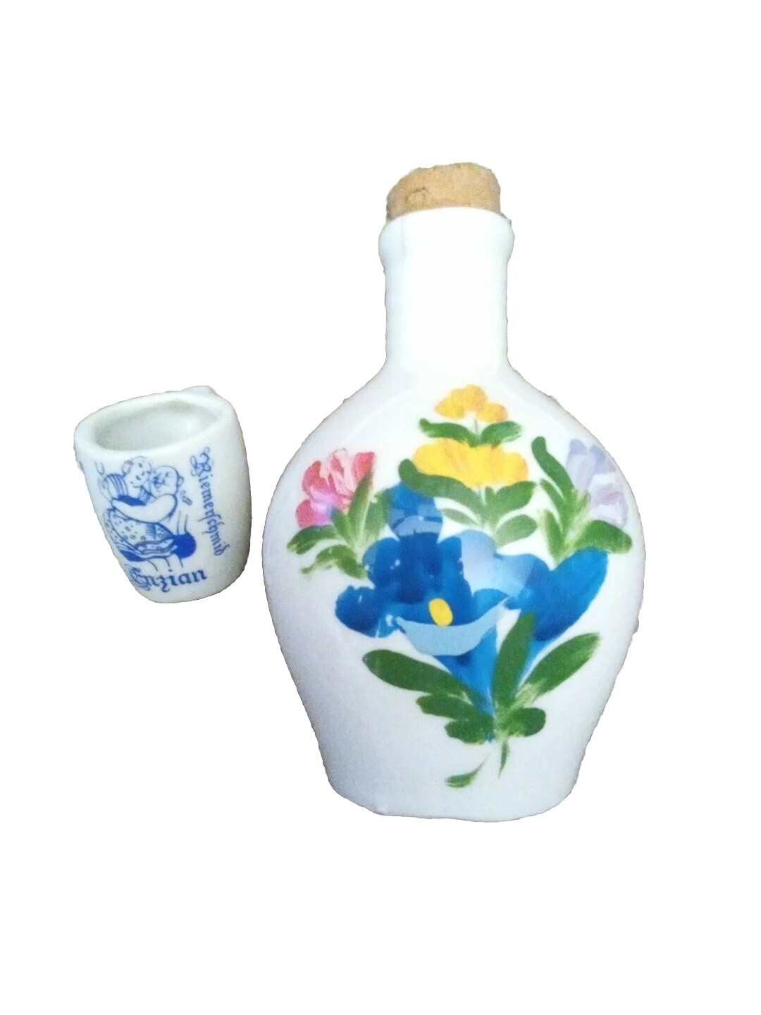 VINTAGE ANTON RIEMERSCHMID BAVARIAN ENZIAN LIQUEUR JUG W/MINI STEIN/SHOT GLASS